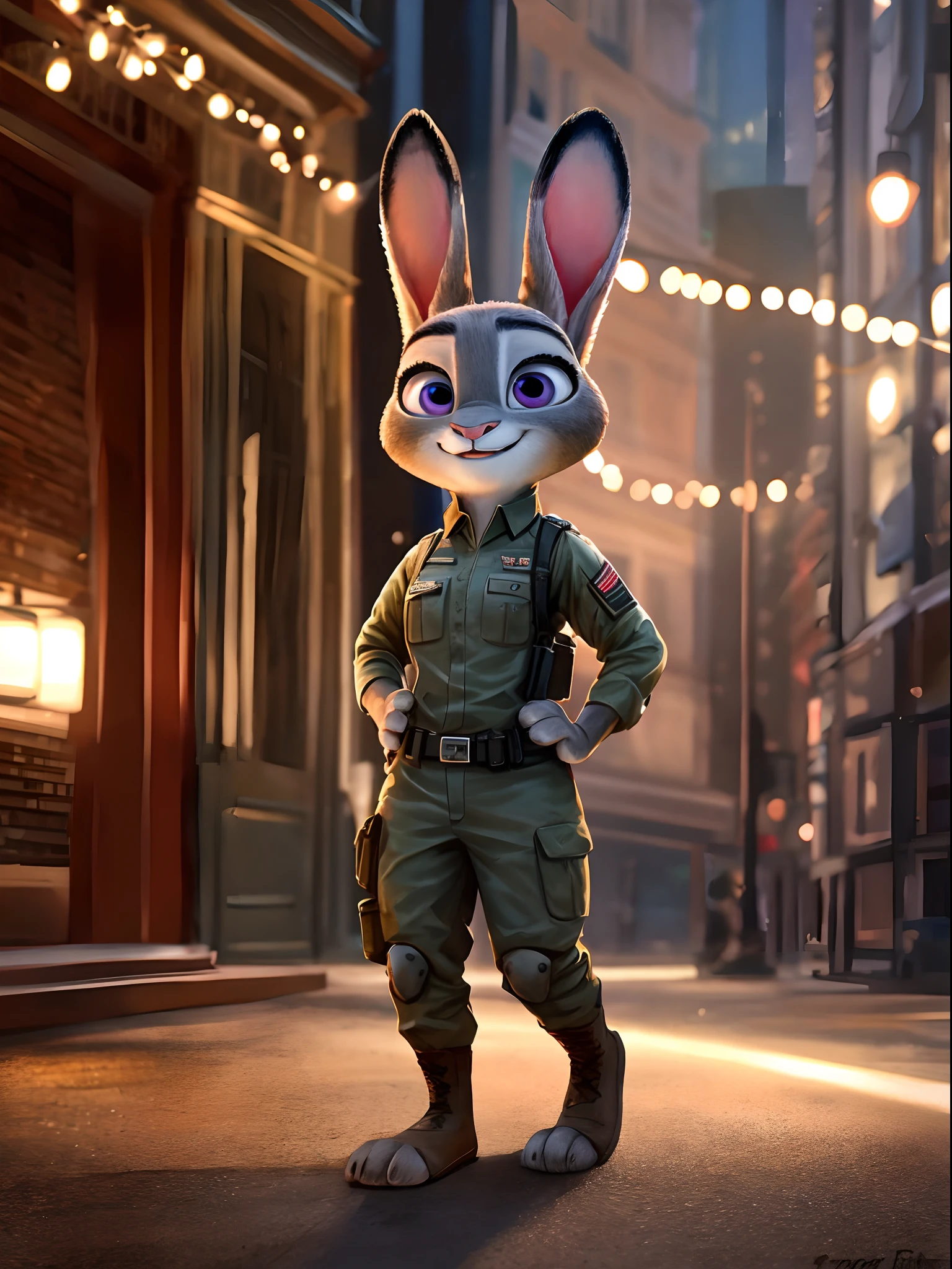 judy hopps, army uniform, photo, cute smile, fit body, full body, realistic, perfect body, little body, best shadows, natural lights, zootopia scenary, raw hdr