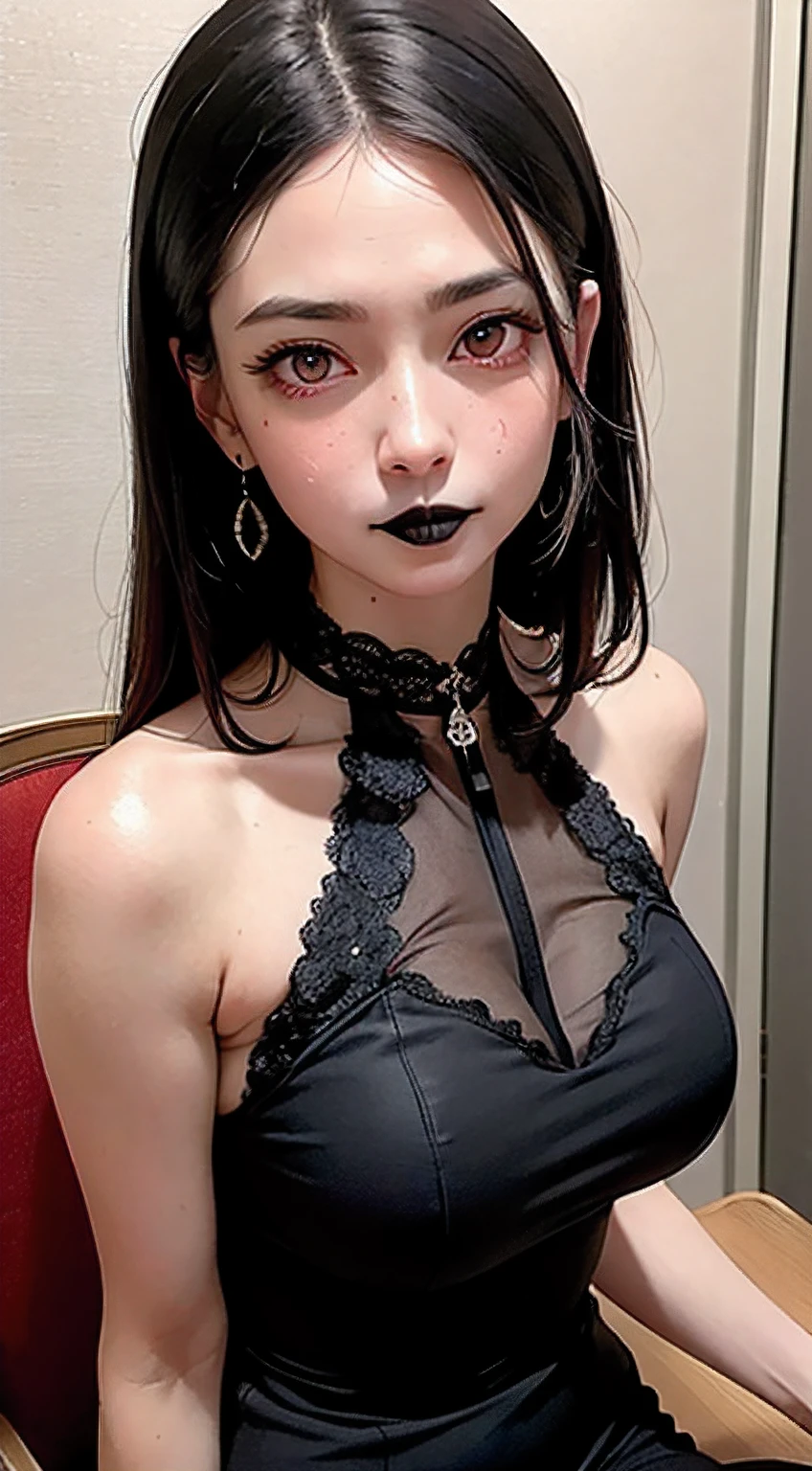 8k, masterpiece, best quality, photorealistic, raw photo, ultra high definition, 1 woman, ((red eyes:1.4)), long messy black hair, pale skin, deep blushing, medium breasts, very low cut sheer gown with lace trim, black lace choker with a diamond pendant, sitting on a desk, sad expression, head angled down, eyes looking at viewer, mouth open slightly, (black lipstick:1.4), medieval castle wall background, sweaty body, shiny body, wet body