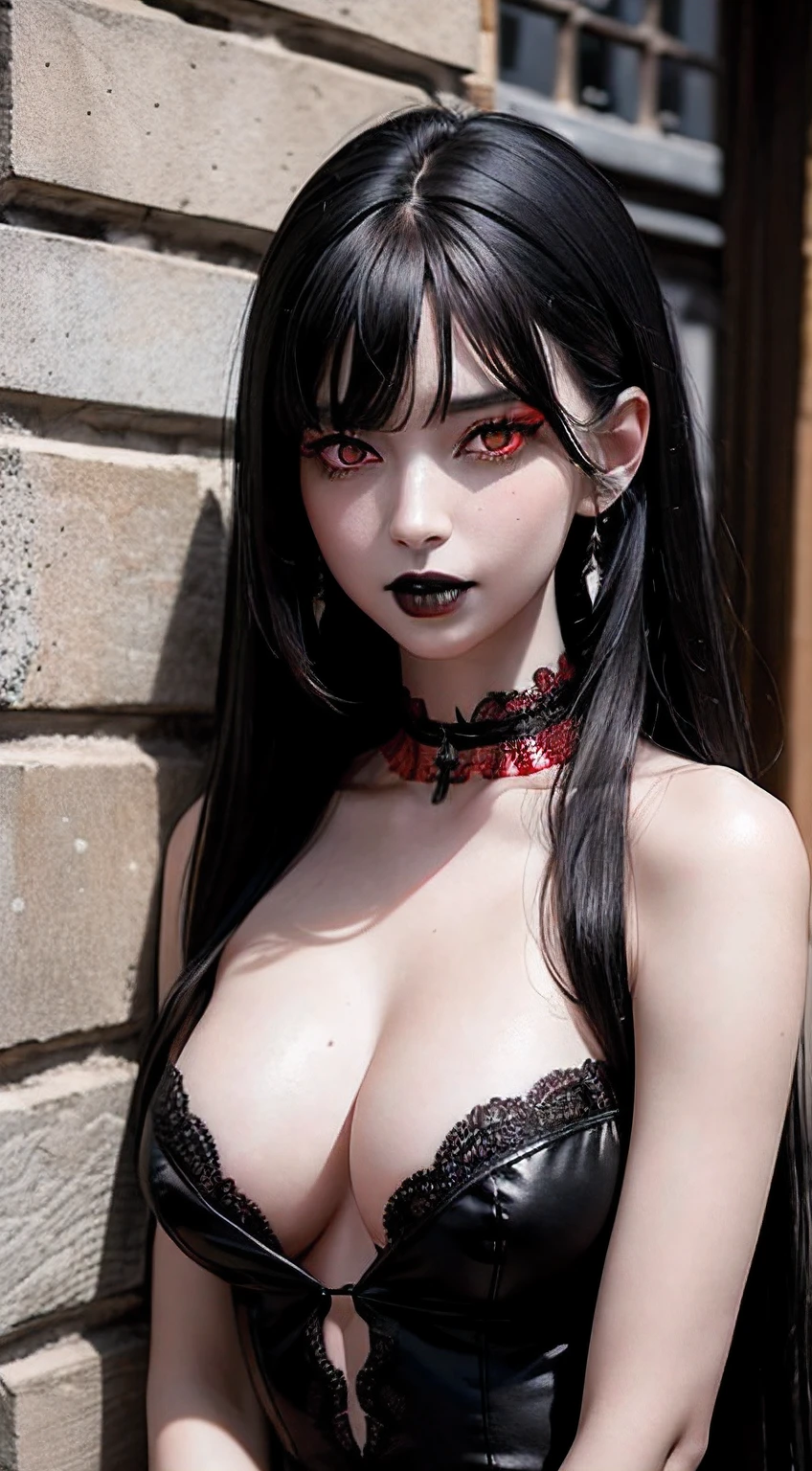 8k, masterpiece, best quality, photorealistic, raw photo, ultra high definition, 1 woman, ((red eyes:1.4)), long messy black hair, pale skin, deep blushing, medium breasts, very low cut sheer gown with lace trim, black lace choker with a diamond pendant, standing against a wall, sad expression, head angled down, eyes looking at viewer, mouth open slightly, (black lipstick:1.4), medieval castle wall background