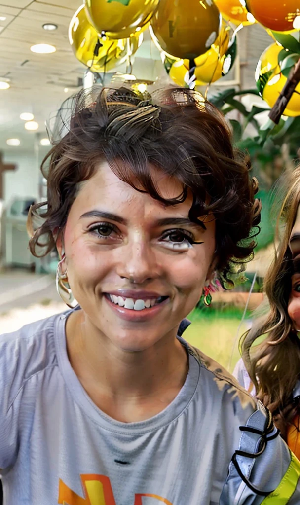 There's a woman posing for a photo in front of a sign, taken in the early 2020s, muito ligeiramente sorridente, cabelo encaracolado curto escuro sorrindo, cabelos cacheados e curtos, ligeiramente sorridente, happily smiling at the camera, muito bobo olhando, sorrindo lascivamente, foto de perfil headshot, sorriso ligeiramente desajeitado!, ele tem cabelos castanhos curtos e cacheados