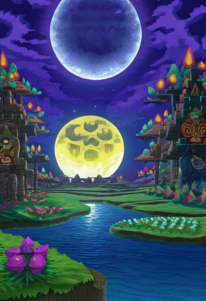 A detailed landscape of the legend of zelda majoras mask, (skull kid), a detailed giant moon falling, landscape, masterpiece, best quality, ocarina of time, lost woods, majoras mask