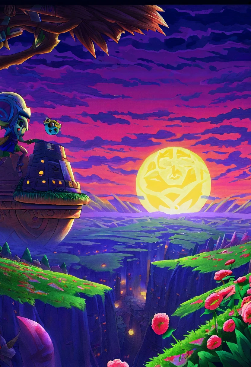 A detailed landscape of the legend of zelda majoras mask, (skull kid), a detailed giant moon falling, landscape, masterpiece, best quality, ocarina of time, lost woods, majoras mask