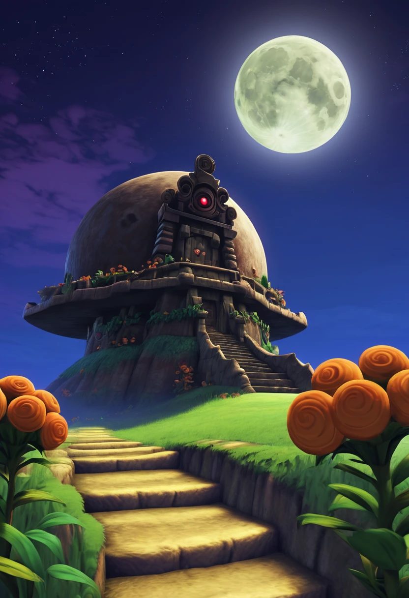 A detailed landscape of the legend of zelda majoras mask, a detailed giant moon, landscape, the legend of zelda, game screenshot, game loading screen, masterpiece, best quality