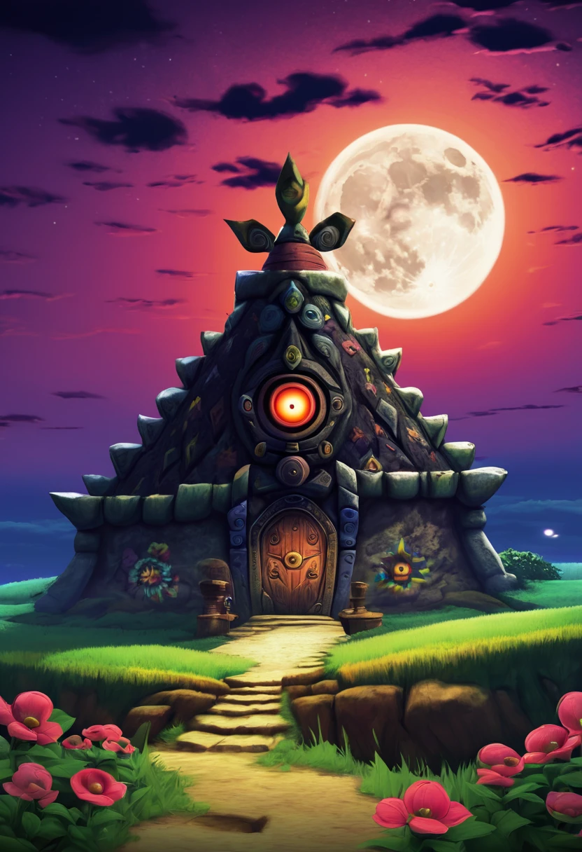 A detailed landscape of the legend of zelda majoras mask, a detailed giant moon, landscape, the legend of zelda, game screenshot, game loading screen, masterpiece, best quality