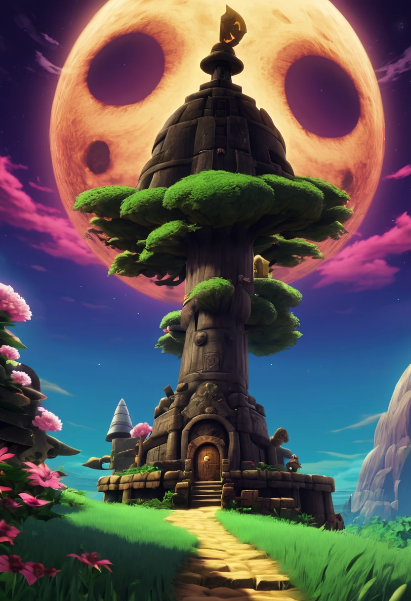 A detailed landscape of the legend of zelda majoras mask, a detailed giant moon, landscape, the legend of zelda, game screenshot, game loading screen, masterpiece, best quality