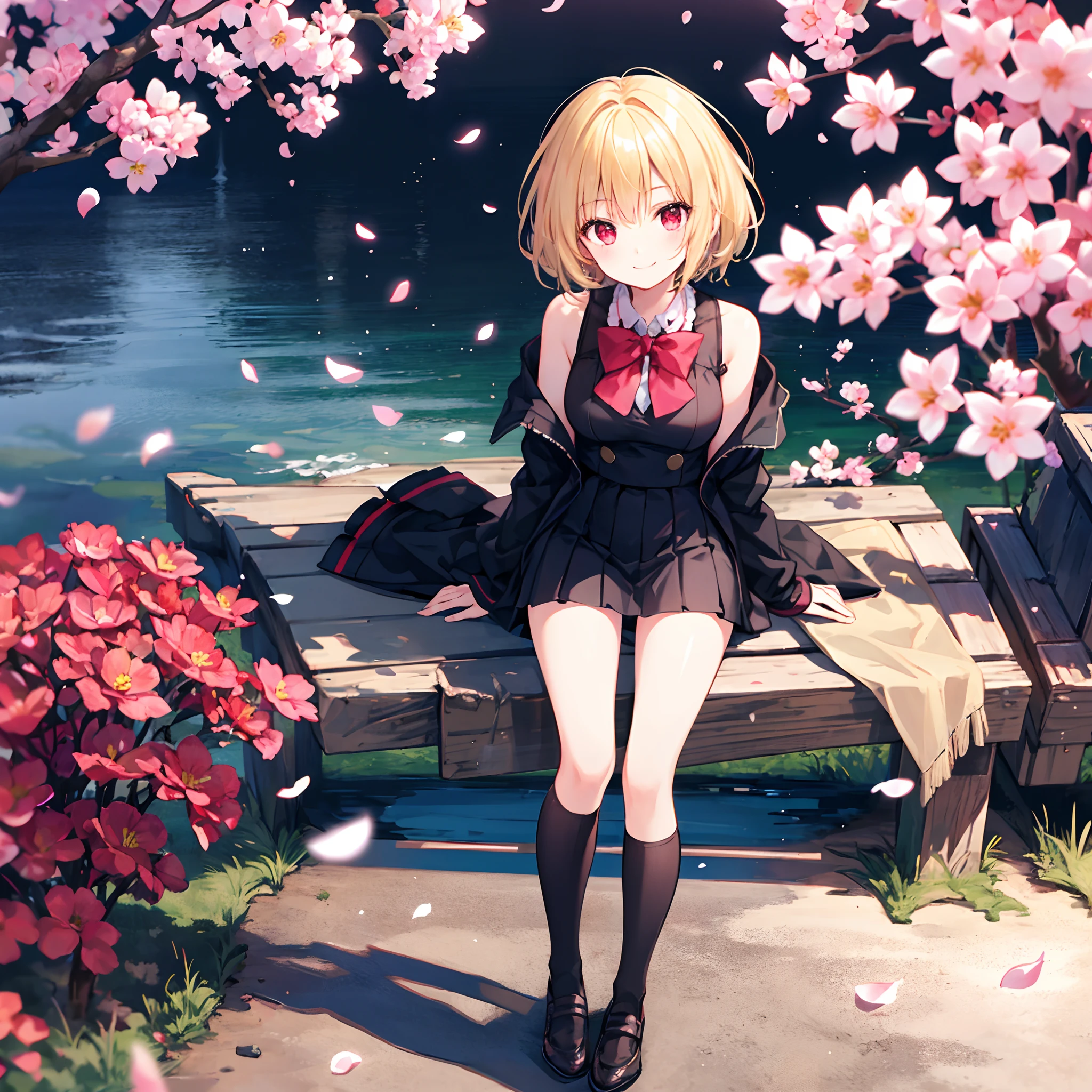 short blonde hair、Beautiful girl with red eyes1a person、独奏、Lots of cherry trees、a miniskirt、Black tights、a smile