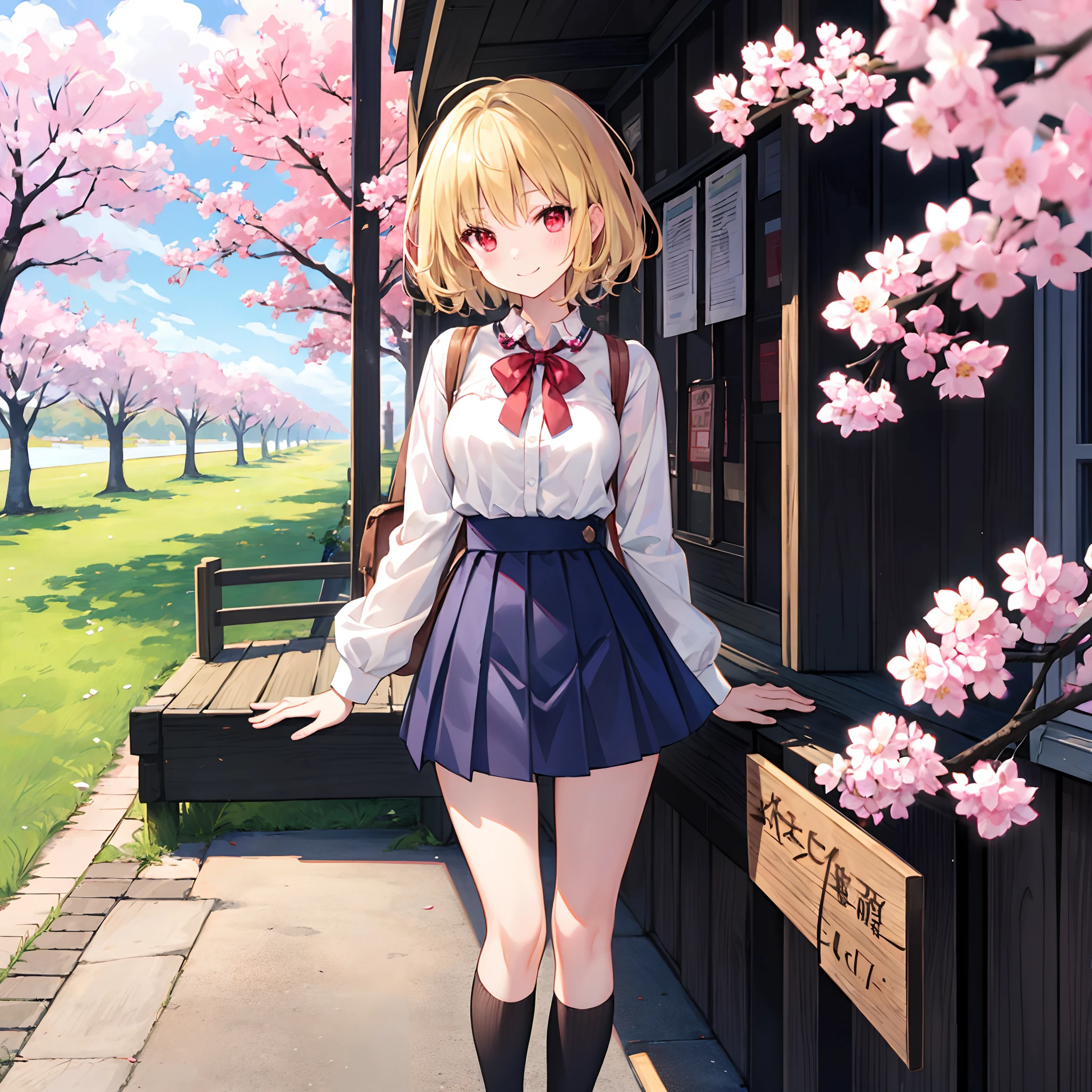 short blonde hair、Beautiful girl with red eyes1a person、独奏、Lots of cherry trees、a miniskirt、Black tights、a smile