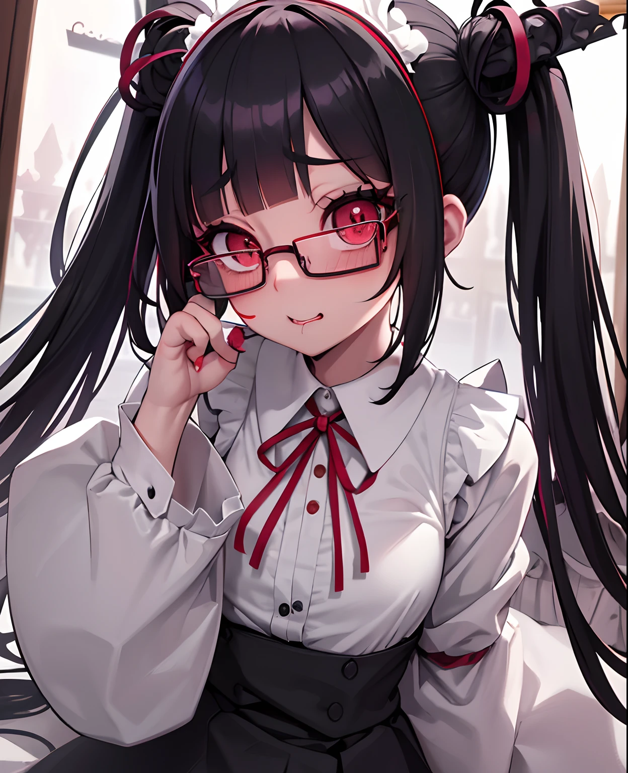 Lick candy、1girl in, [Twin-tailed], Shaded face, Maids, Crazy, skirt rift, pantiy, [self lift]、eye glasses、put on glasses、eye glass、Blunt bangs、Red brilliant eyes、Sexy、Nasty face、maid, over-kneehighs,Ahegao , Silly,Sexual ecstasy,Drunken eyes,Blunt bangs, Black hair,(masutepiece:1.2, Best Quality), (finely detailed beautiful eye: 1.2), (Detailed background,Dark Fantasy), (beautifull detailed face), High contrast, (Best Illumination, extremely delicate and beautiful), ((Cinematic Light)), Colorful, Hyper Detail, Dramatic light, Intricate details,