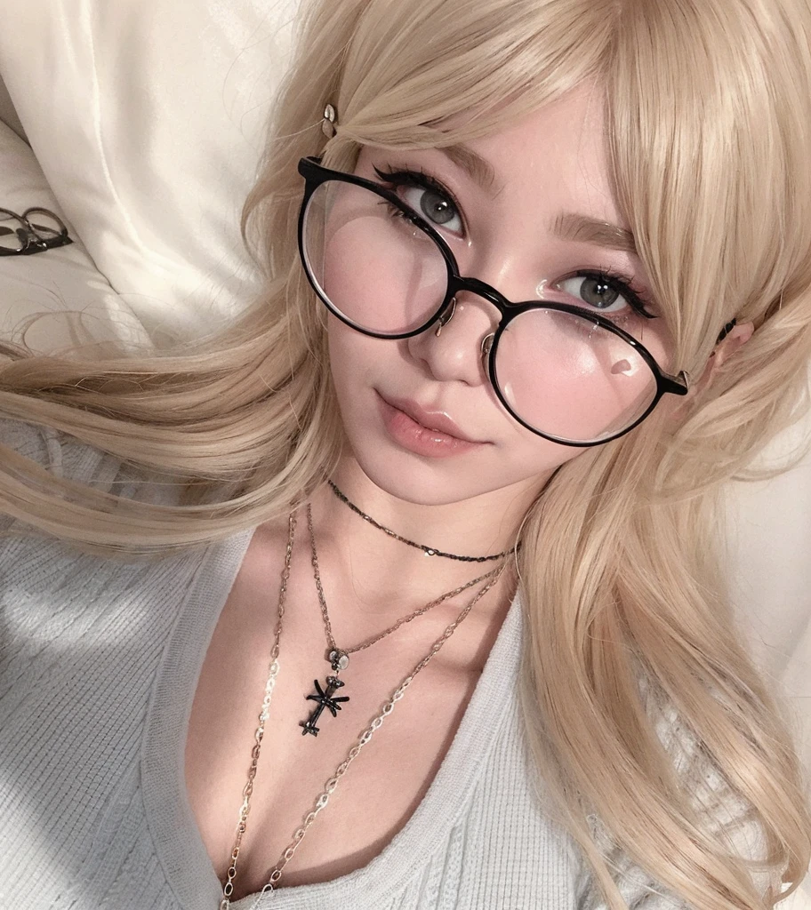 Blond haired woman with glasses and necklaces lying on bed, linda Delphine, Menina anime na vida real, Massa Amane *, Massa Amane, With eye Glasses, cruel korean goth girl, Ulzzang, Junko Enoshima, Danganronpa, nerdy glasses, portrait of japanese gyaru, Anime Garota Cosplay, girl wearing round glasses