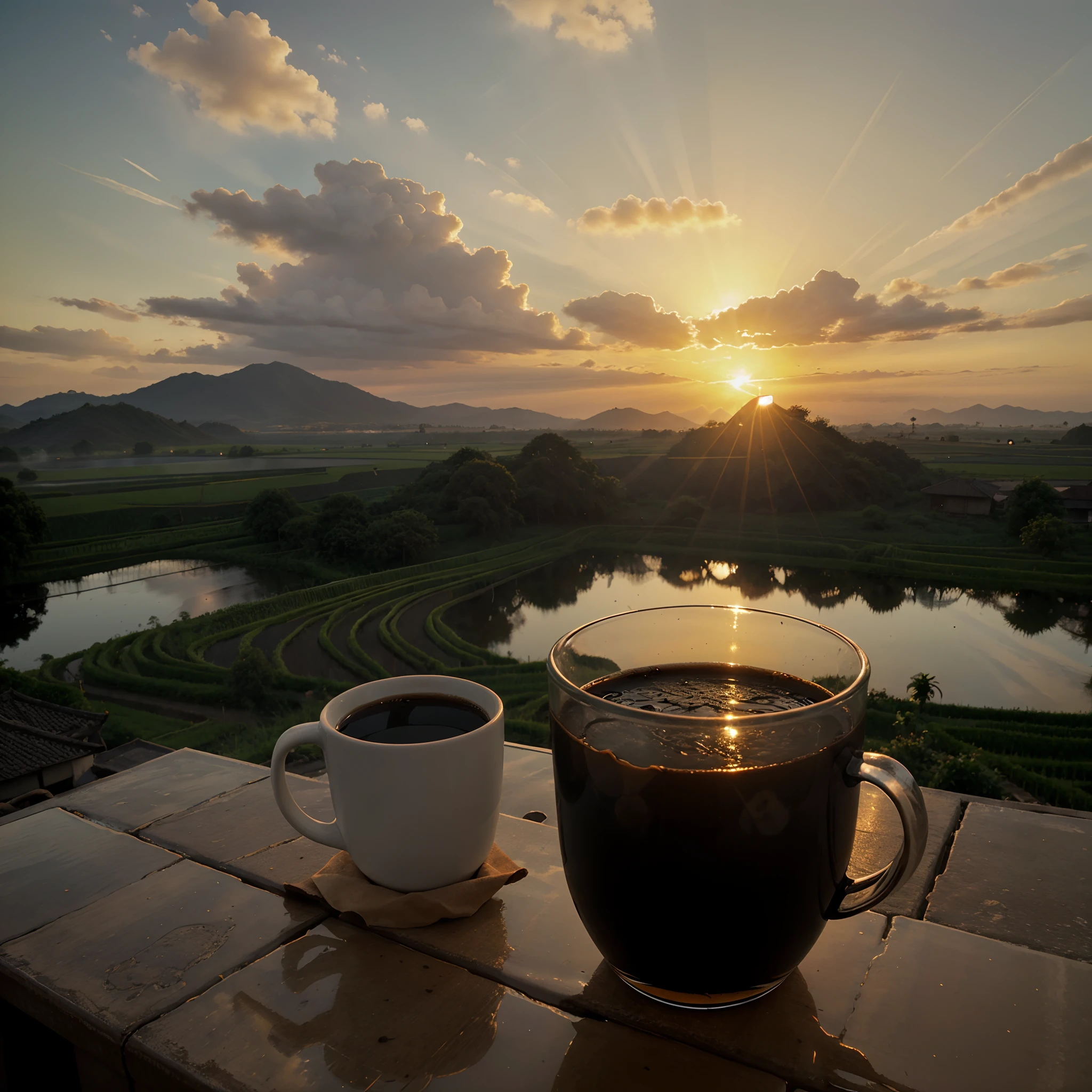 Hot black coffee, Clear glass, Sunrise, lomo, Beautiful view of the rice fields , Beautiful sun, Yun Chen