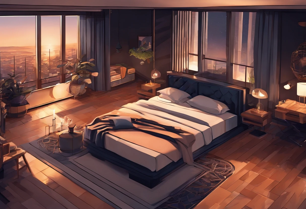 A cosy dark themed modern bedroom, luxury, high class, amazing views, golden hour