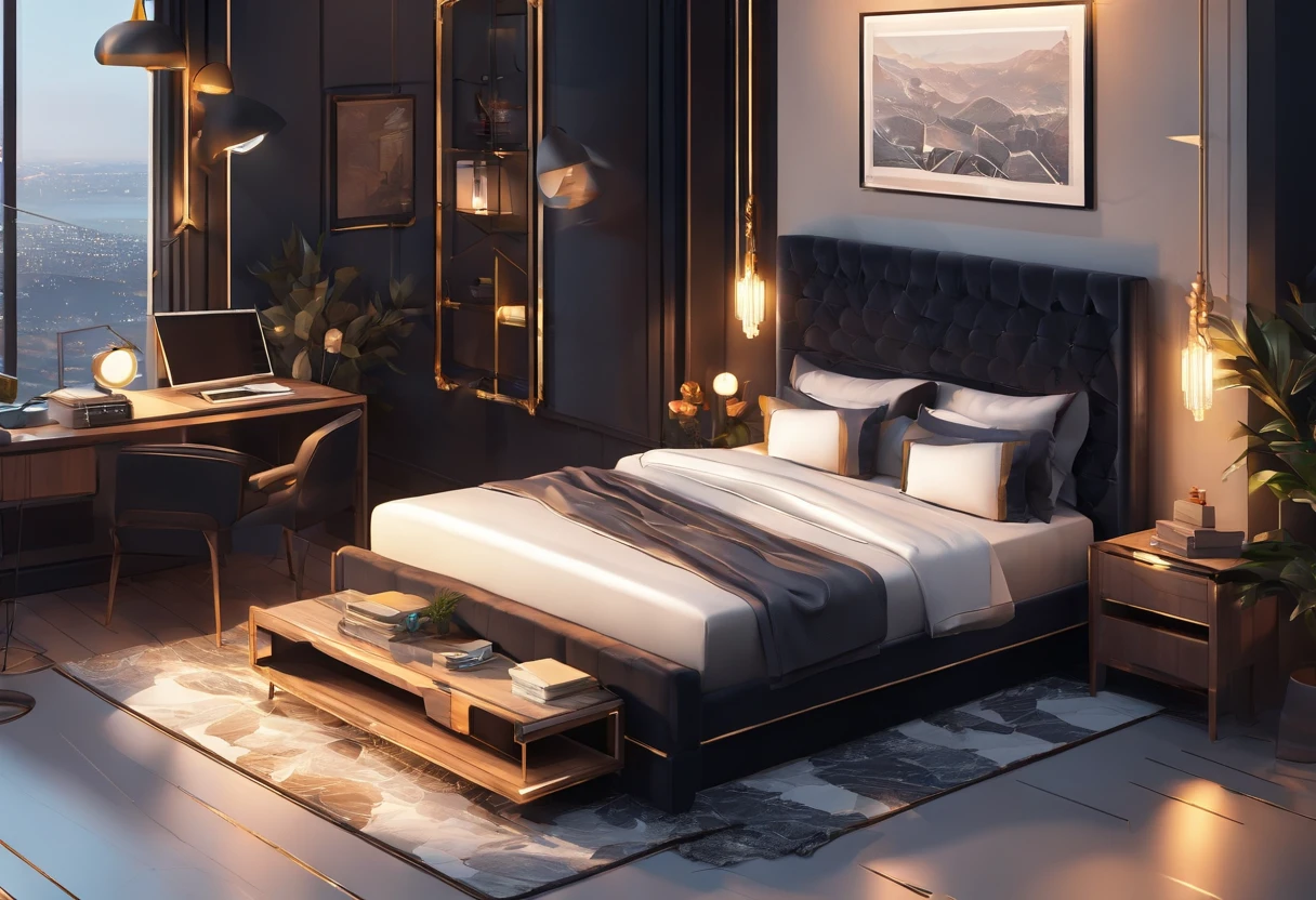 A cosy dark themed modern bedroom, luxury, high class, amazing views, golden hour