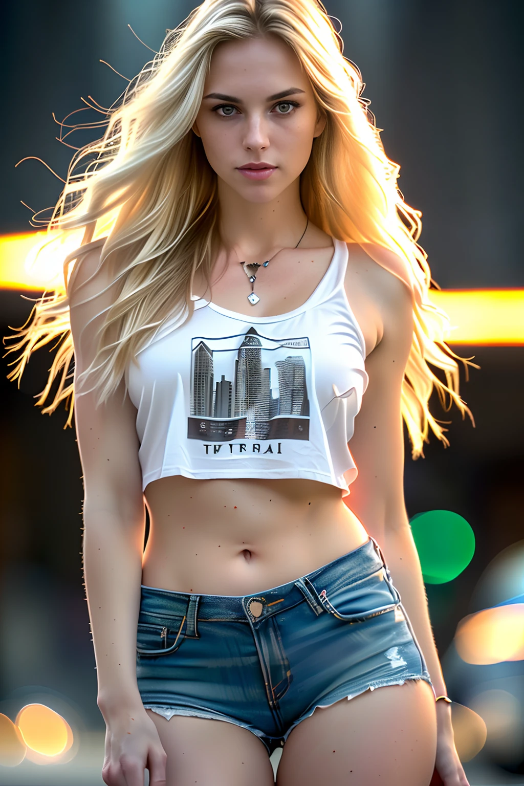 gorgeous woman with extra long wavy blonde hair, detailed alluring eyes, long sexy legs, wearing tiny shorts, t-shirt, ((detailed facial features)), (finely detailed skin), pale skin, realistic skin texture, extreme skin details, (pores:0.1), in the background beautiful futuristic cyberpunk city, best quality masterpiece, photorealistic, hyperrealistic, detailed, 8k, HDR, (Soft color: 1.2), shallow depth of field, broad light, high contrast, backlighting, bloom, light sparkles, chromatic aberration, sharp focus, RAW color photo, at sunset
