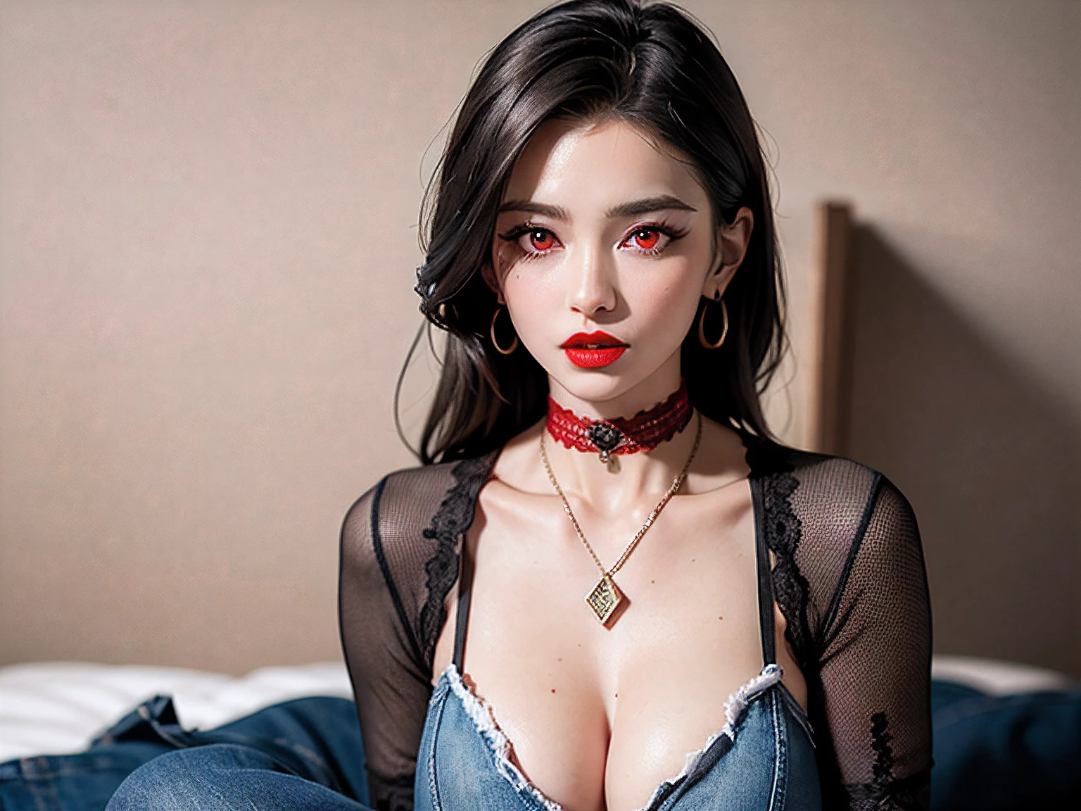 8k, masterpiece, best quality, photorealistic, raw photo, ultra high definition, 1 woman, ((red eyes:1.4)), full body, long messy black hair, pale skin, deep blushing, medium breasts, (ripped up denim dress), black sheer stockings, black lace choker with a diamond pendant, sitting on a bed, sad expression, head angled down, eyes looking at viewer, mouth open slightly, (red lipstick:1.4), medieval castle wall background