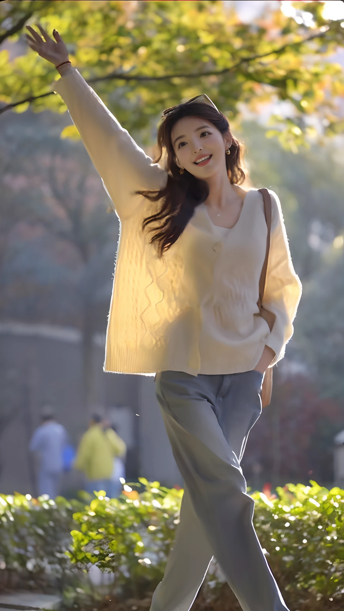 Woman walking in the park，Raise your arms in the air, bae suzy, inspirado por Kim Jeong-hui, um dia ensolarado, she expressing joy, inspired by Sim Sa-jeong, song hye - kyo, she is dancing. Realistic, dressed with long fluent clothes, wind blowing leaves, screenshots from movies, casual clothing style, wind blowing leaves
