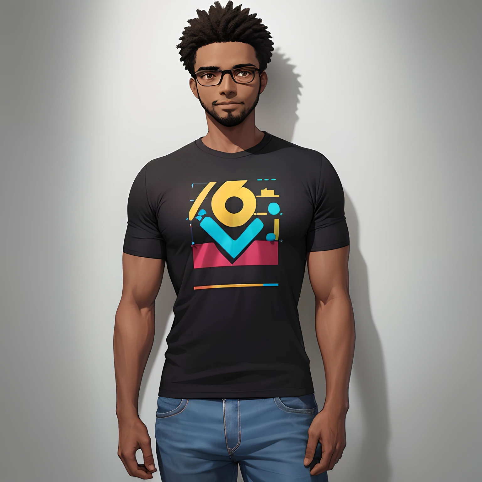 Homem negro, Perfect centralization, usando uma camisa geek, Standing position, Centrado, dynamic, altamente detalhado, foco nítido, 8k, high-definition resolution, foto perfil, Looking at the camera, facing the camera