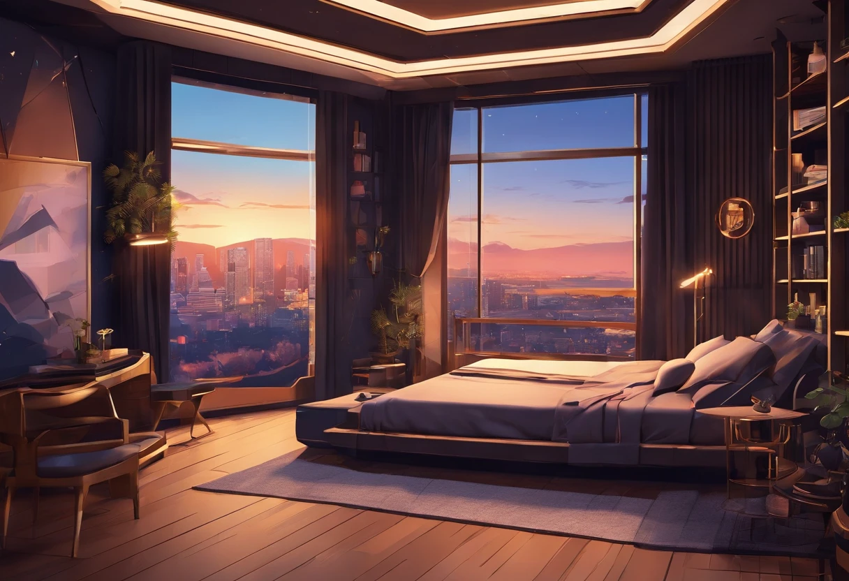 A cosy dark themed modern bedroom, luxury, high class, amazing views, golden hour