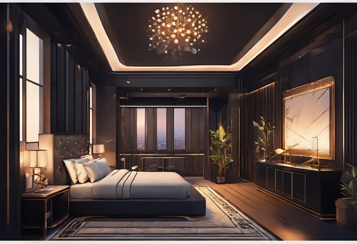 A cosy dark themed modern bedroom, luxury, high class, amazing views, golden hour