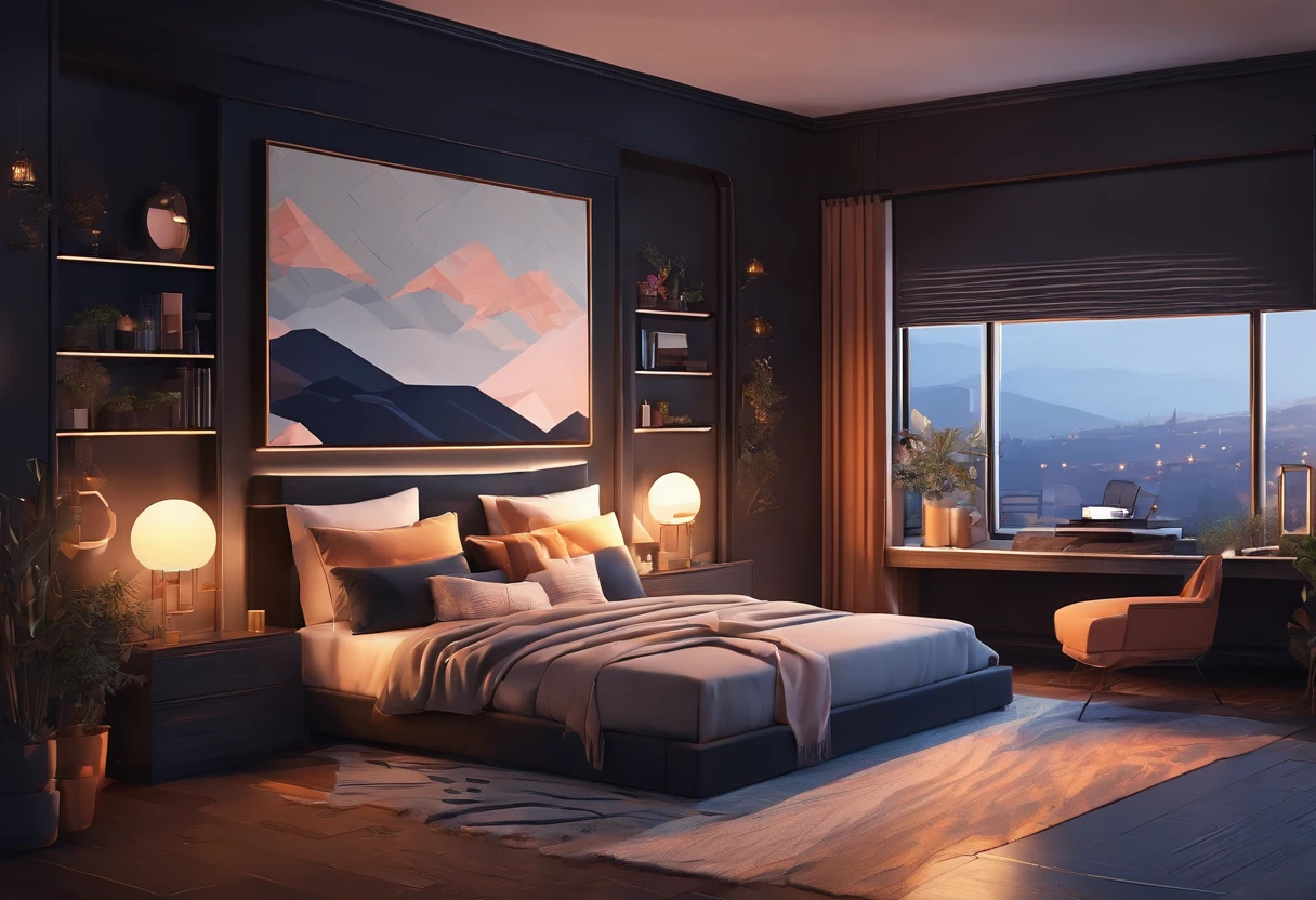 A cosy dark themed modern bedroom, luxury, high class, amazing views, golden hour