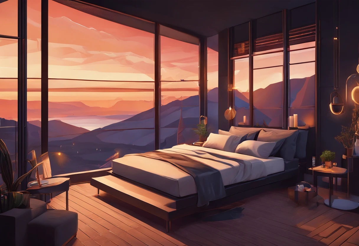 A cosy dark themed modern bedroom, luxury, high class, amazing views, golden hour
