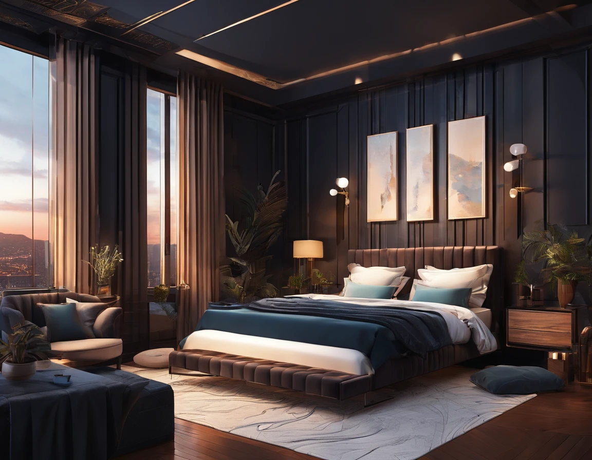 A cosy dark themed modern bedroom, luxury, high class, amazing views, golden hour