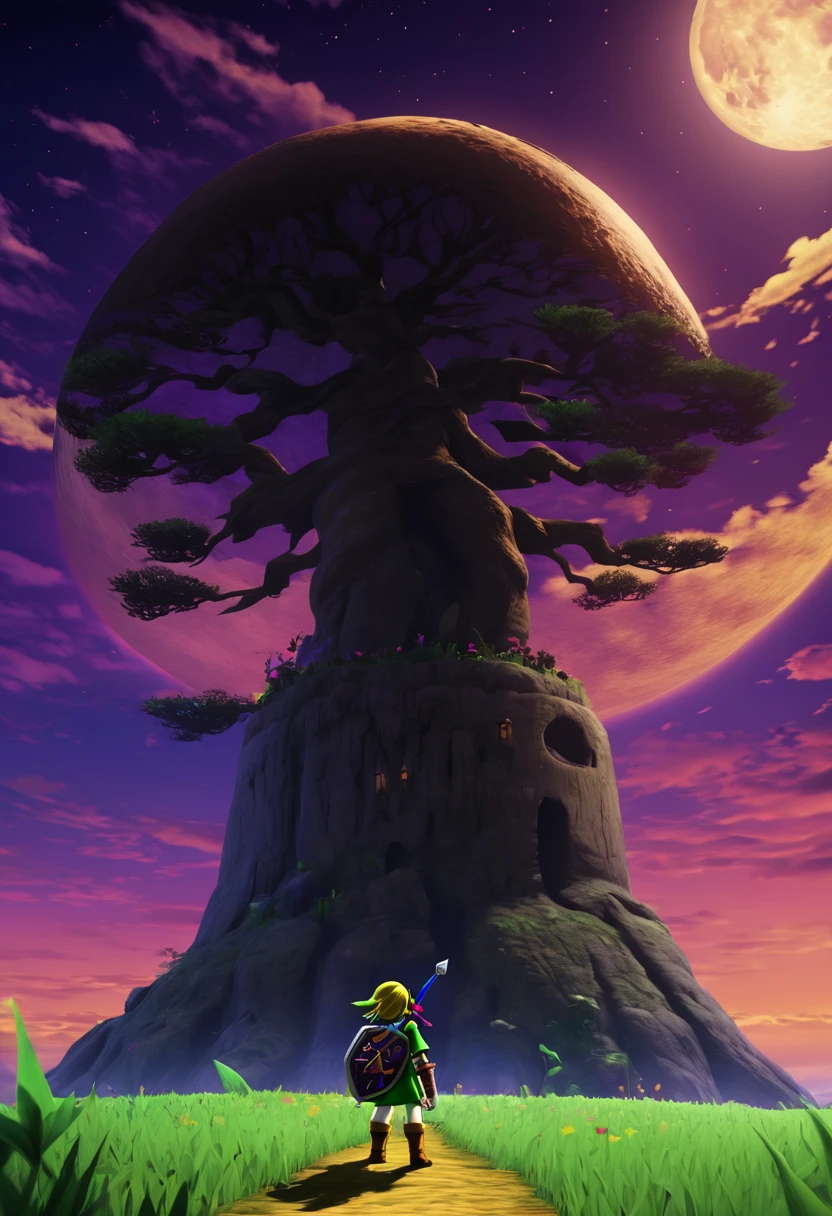A detailed landscape of the legend of zelda majoras mask, a detailed giant moon, landscape, (cinematic, epic scene:1.3), the legend of zelda, game screenshot, game loading screen, masterpiece, best quality