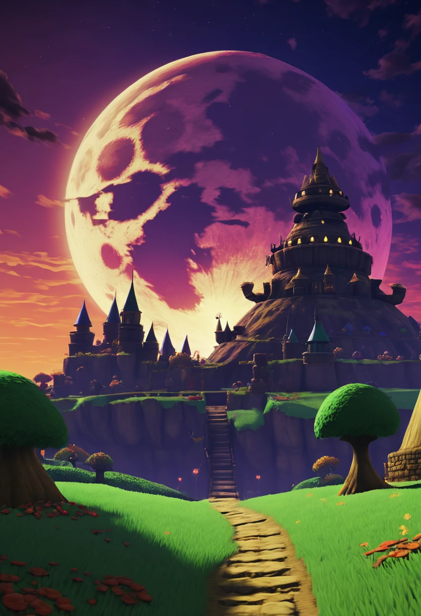 A detailed landscape of the legend of zelda majoras mask, a detailed giant moon, landscape, (cinematic, epic scene:1.3), the legend of zelda, game screenshot, game loading screen, masterpiece, best quality