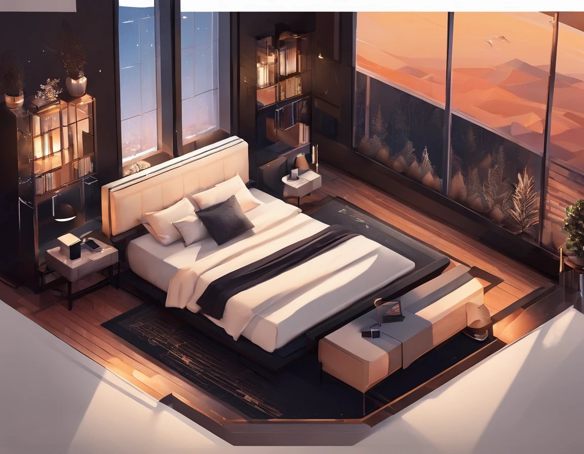 A cosy dark themed modern bedroom, luxury, high class, amazing views, golden hour