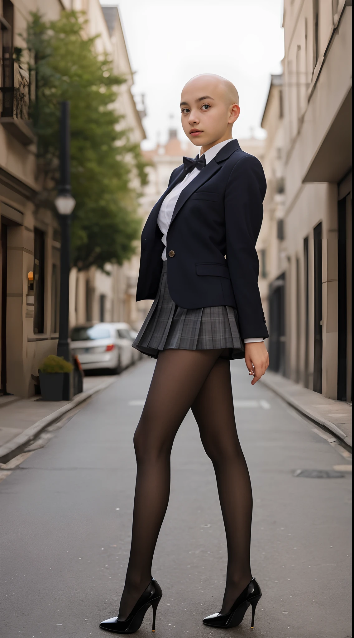 16 year old pre-teen, European, blonde, small breasts, big eyes, long legs, bald head, blazer, tiny skirt, black tights, high heels, extremely low angle shot, full body, ray tracing, HDR