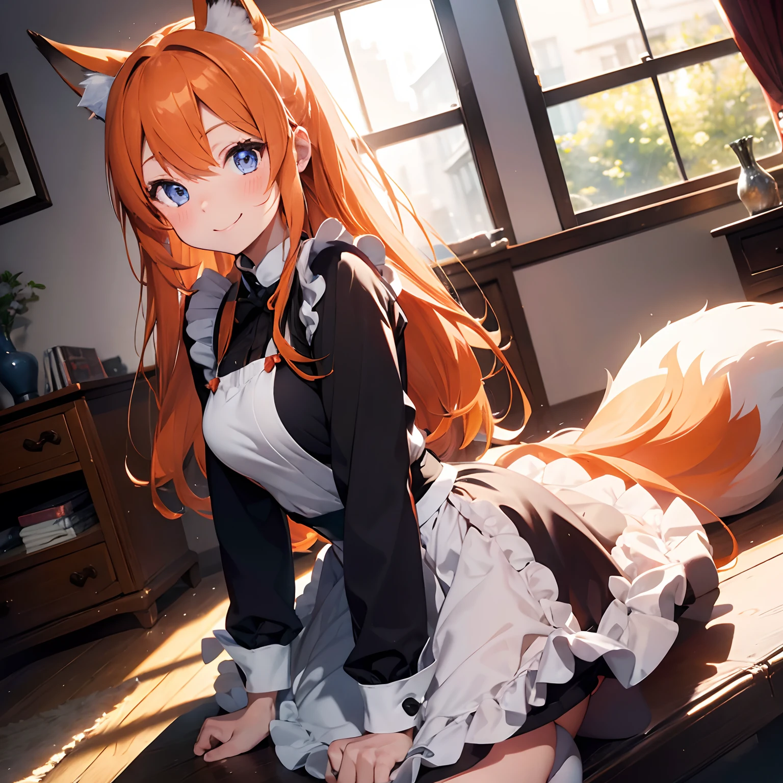  adult female, long orange hair, sapphire blue eyes, fox ears, long fox tail, maid dress, happy,  smiling, masterpiece, high quality, blush, beautiful, living room