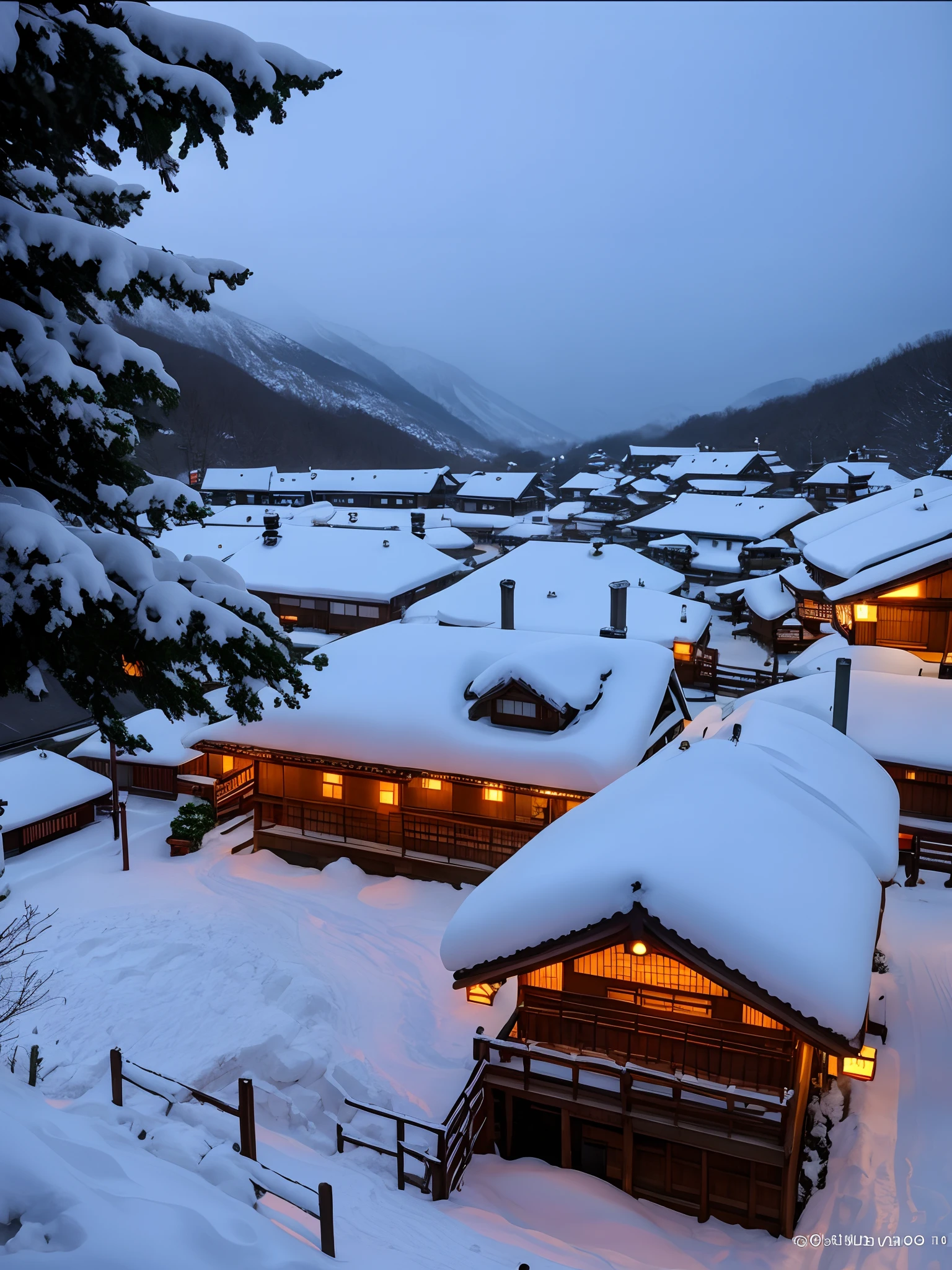 Snow scene in a small village with a lot of snow, high-end onsen, Japanese onsen, winter setting, Covered with snow, Snow, winter, 8K)), Cold but beautiful, Snowy, beautiful winter area, (Snow), Snowy winter, luxurious onsens, Onsen, 4 0 9 6, It snows in the city,It snowed a lot, Japanese village