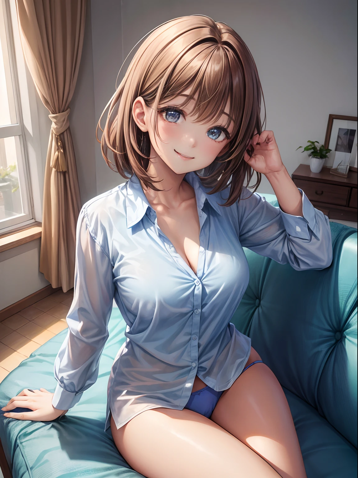 top-quality、Full limbs、complete fingers、1girl in、((one beautiful women、独奏))、Beautiful Large Breasts、Medium Hair、straight haired、brown haired、(Woman in a light blue collared shirt)、(Even the second button of the shirt is open.)、(Exposing the chest)、Light blue bra、(Light blue panties)、Herren、living room、Naughty Poses、A big smile、sit on sofa