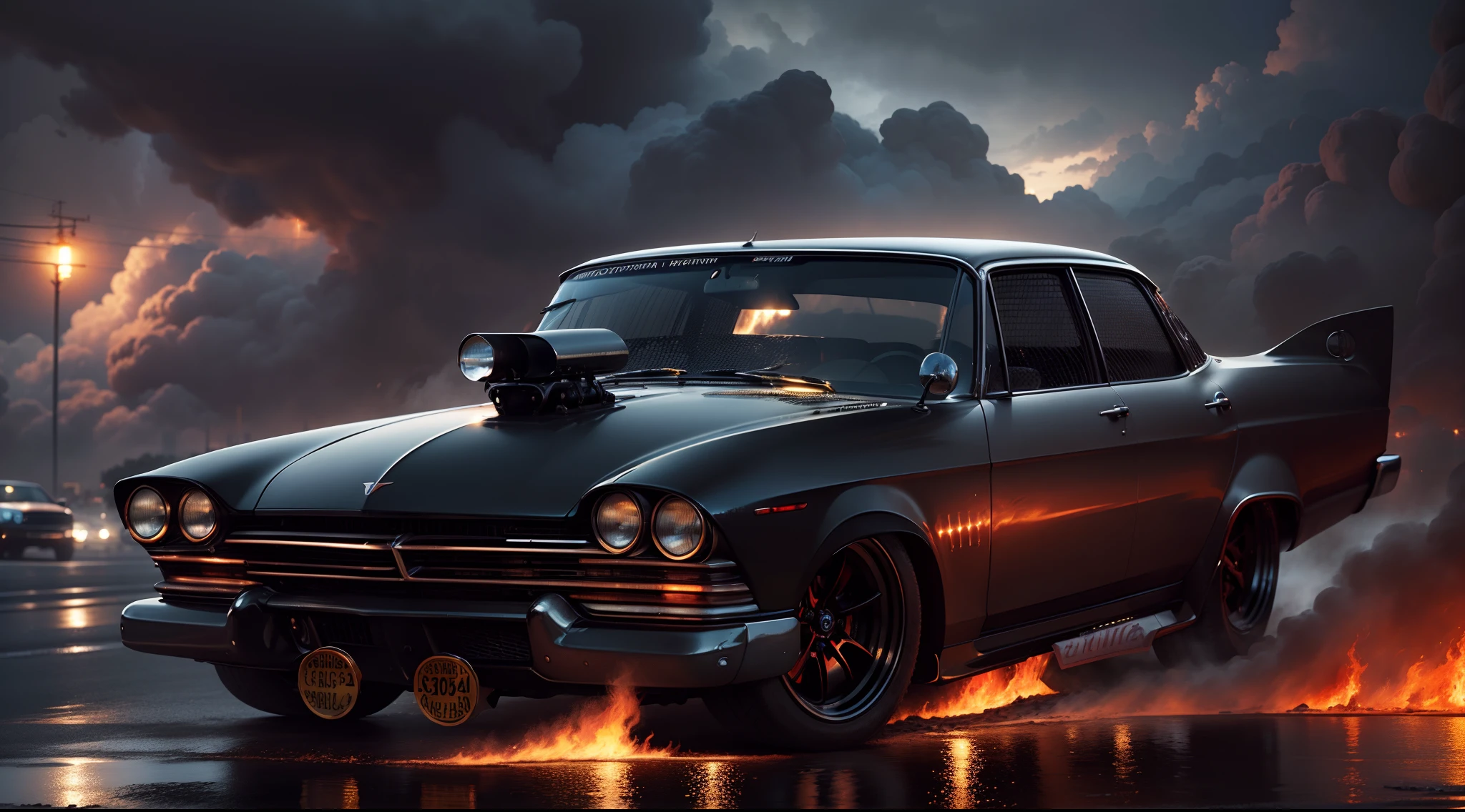 Um imponente carro esportivo Chrysler do filme Christine, with all four headlights on, acelera a toda velocidade por uma rua molhada. Behind the car can be seen large flames and fire up to the sky. The water is all over the ground, criando um rastro de espuma. The sky is dark and stormy, With lightning and thunder and flames of fire everywhere. The background is blurred, Mas um grande, Well-lit clock tower on fire can be seen in the distance. The car is highly detailed, with polished metal parts and shiny glass with flames and flames coming out from behind the car. The clock tower is also detailed, com engrenagens e ponteiros bem esculpidos. The lighting is perfect, creating a dramatic contrast between the dark car and the stormy sky and the burning background. The image is an artistic photograph in 8K, renderizada com Octane. It's perfectly composed and framed, with a divine proportion. The focus is sharp, Highlighting the intricate details of the car and clock tower. Image is directed by Greg Rutkowski, um artista conhecido por suas pinturas e fotografias