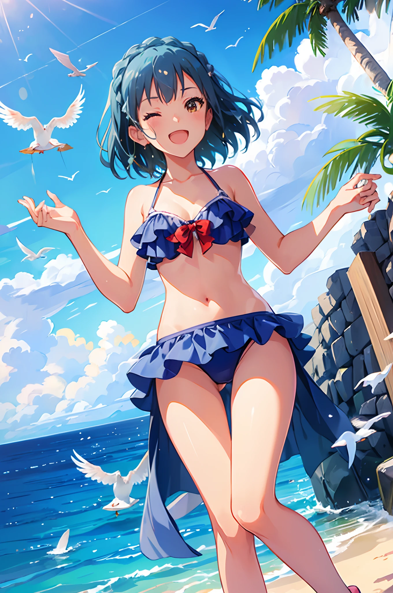yuriko nanao (million live), 1 girl, Solo, Cute Girl, Best Quality, Ultra-detailed, 8K, High resolution, Detailed face, shiny skin, (from below), Bob Hair, happy smile, one eye closed, (((have fun))), (((bikini, wet skin, wet hair))), (((outdoor, shining sky, sunshine, Summer, Beach, Resort, palm tree, flying seagull,)))