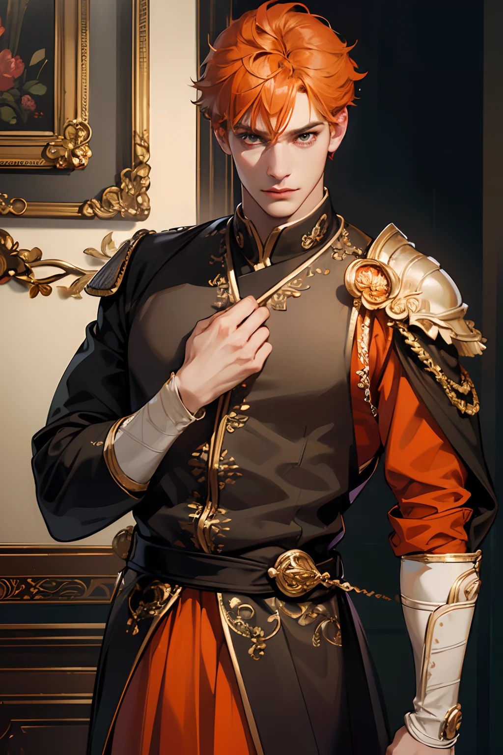 (best quality:1.2,ultra-detailed,realistic:1.37),A man,General fantasy,bright orange hair,black eyes,Toned face,face view,metals on the hem of outfit.