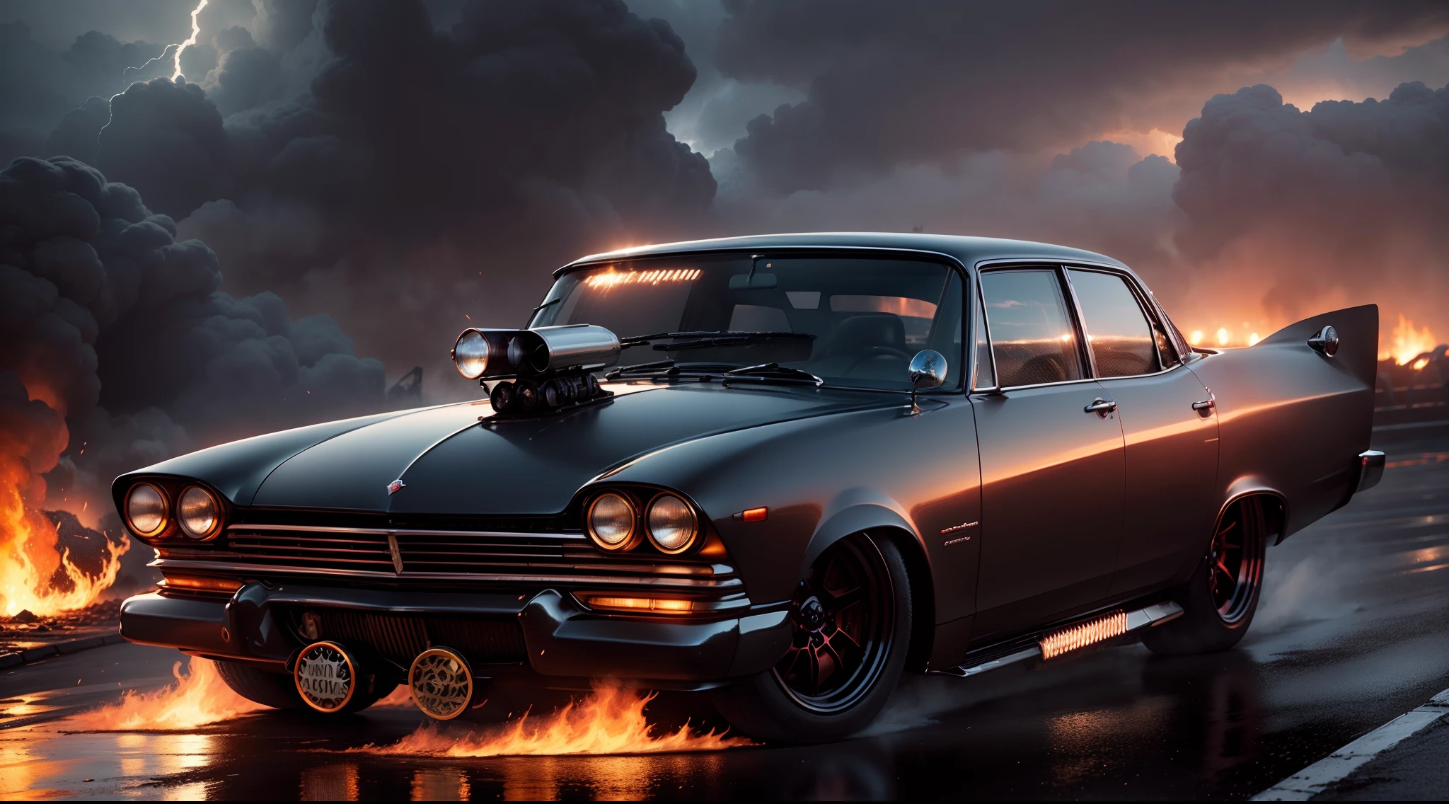 Um imponente carro esportivo Chrysler do filme Christine, with all four headlights on, acelera a toda velocidade por uma rua molhada. Behind the car can be seen large flames and fire up to the sky. The water is all over the ground, criando um rastro de espuma. The sky is dark and stormy, With lightning and thunder and flames of fire everywhere. The background is blurred, Mas um grande, Well-lit clock tower on fire can be seen in the distance. The car is highly detailed, with polished metal parts and shiny glass with flames and flames coming out from behind the car. The clock tower is also detailed, com engrenagens e ponteiros bem esculpidos. The lighting is perfect, creating a dramatic contrast between the dark car and the stormy sky and the burning background. The image is an artistic photograph in 8K, renderizada com Octane. It's perfectly composed and framed, with a divine proportion. The focus is sharp, Highlighting the intricate details of the car and clock tower. Image is directed by Greg Rutkowski, um artista conhecido por suas pinturas e fotografias