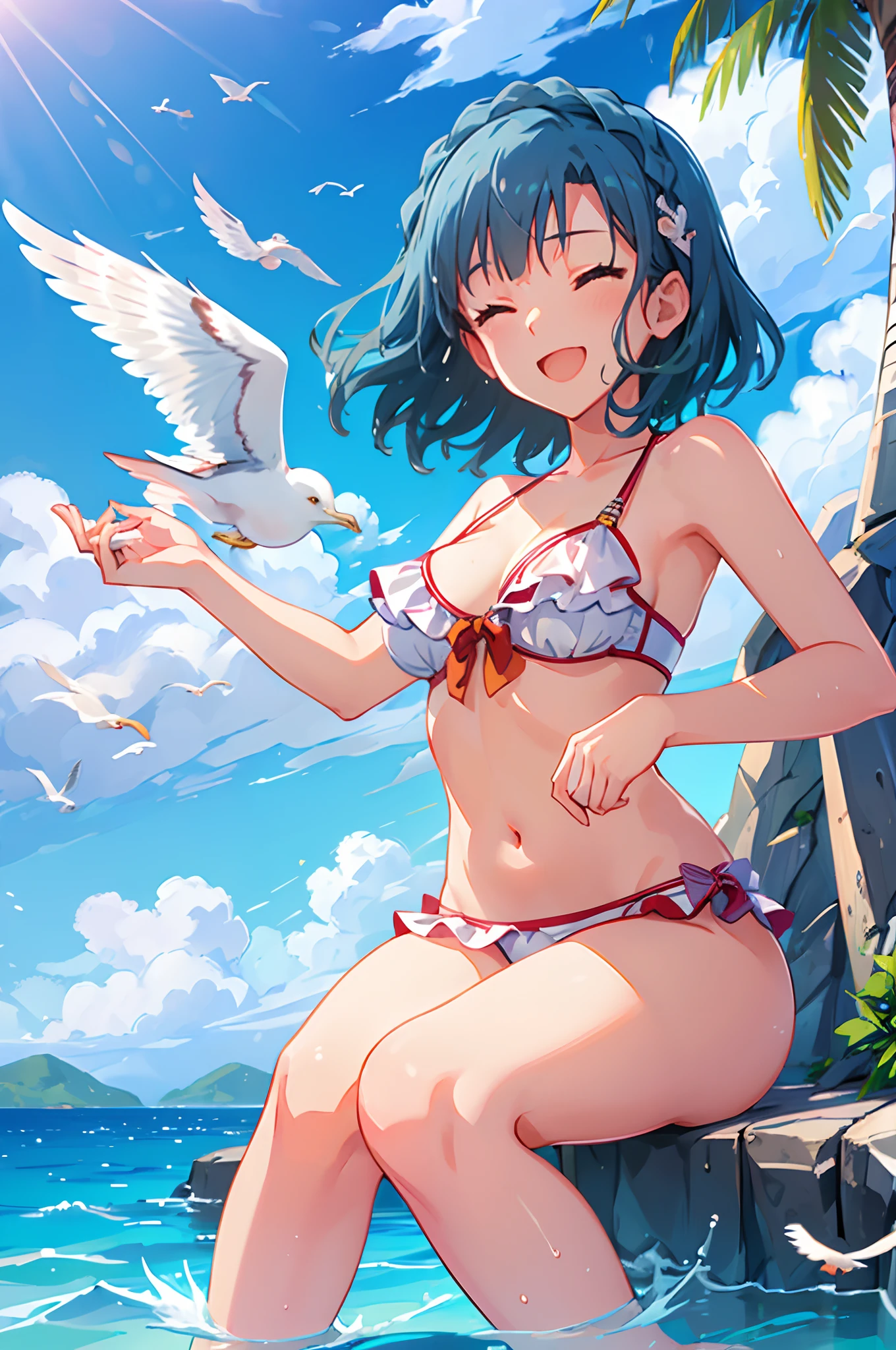 yuriko nanao (million live), 1 girl, Solo, Cute Girl, Best Quality, Ultra-detailed, 8K, High resolution, Detailed face, shiny skin, (from below), Bob Hair, happy smile, one eye closed, (((have fun))), (((bikini, wet skin, wet hair))), (((outdoor, shining sky, sunshine, Summer, Beach, Resort, palm tree, flying seagull,)))
