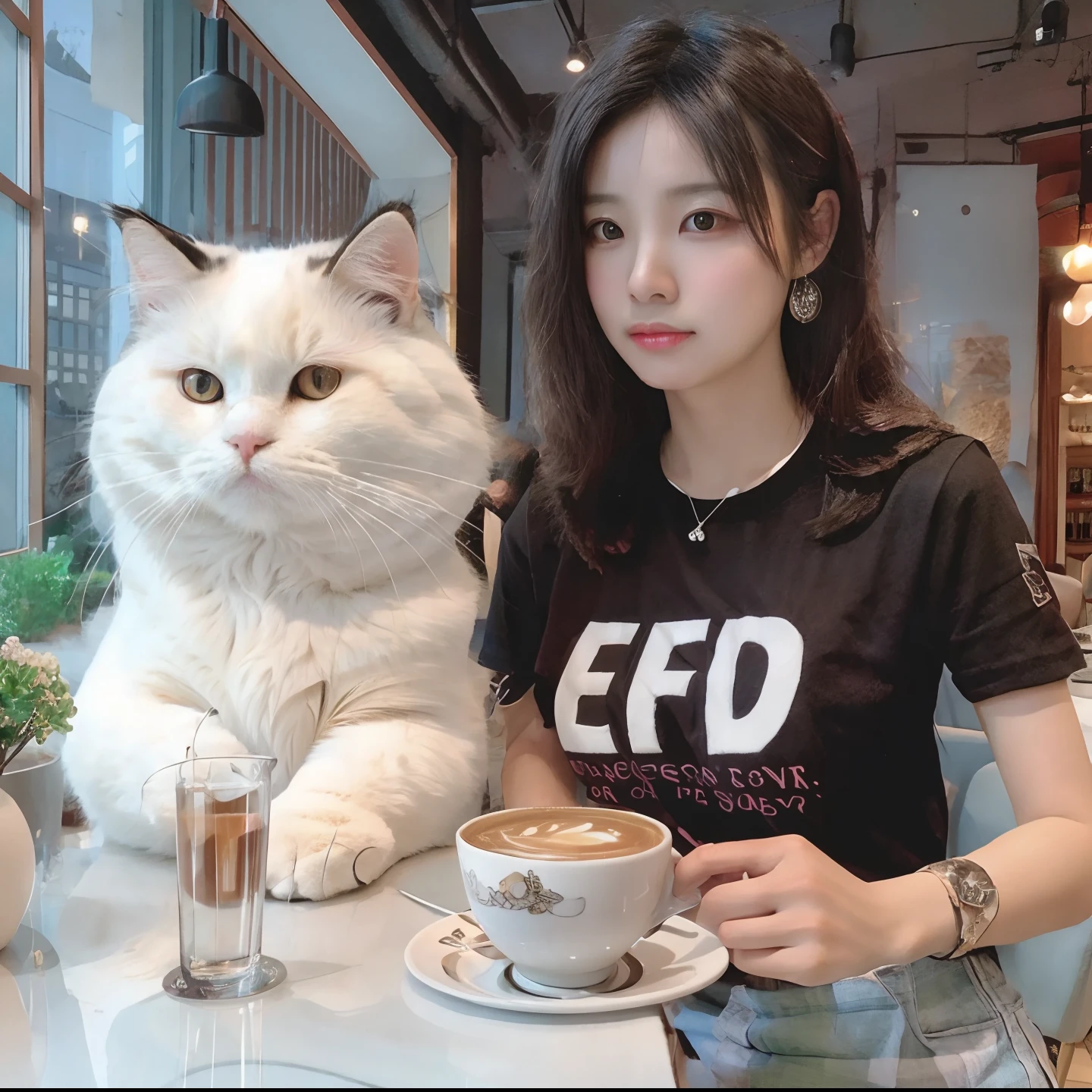 woman sitting at a table with a cat and a cup of coffee, by Jang Seung-eop, wlop and ross tran, epic and classy portrait, by Fan Qi, inspired by Rudy Siswanto, a cat sipping coffee, fluffy cat t - shirt design Fuschia color, inspired by Jang Seung-eop, cgsociety and fenghua zhong, fanart
