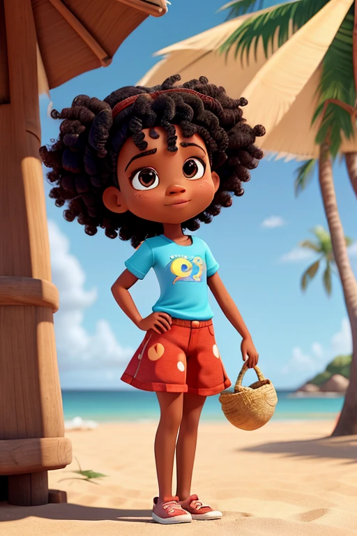 Brunette  with curly hair and Hawaiian outfit on the beach with stitch 
