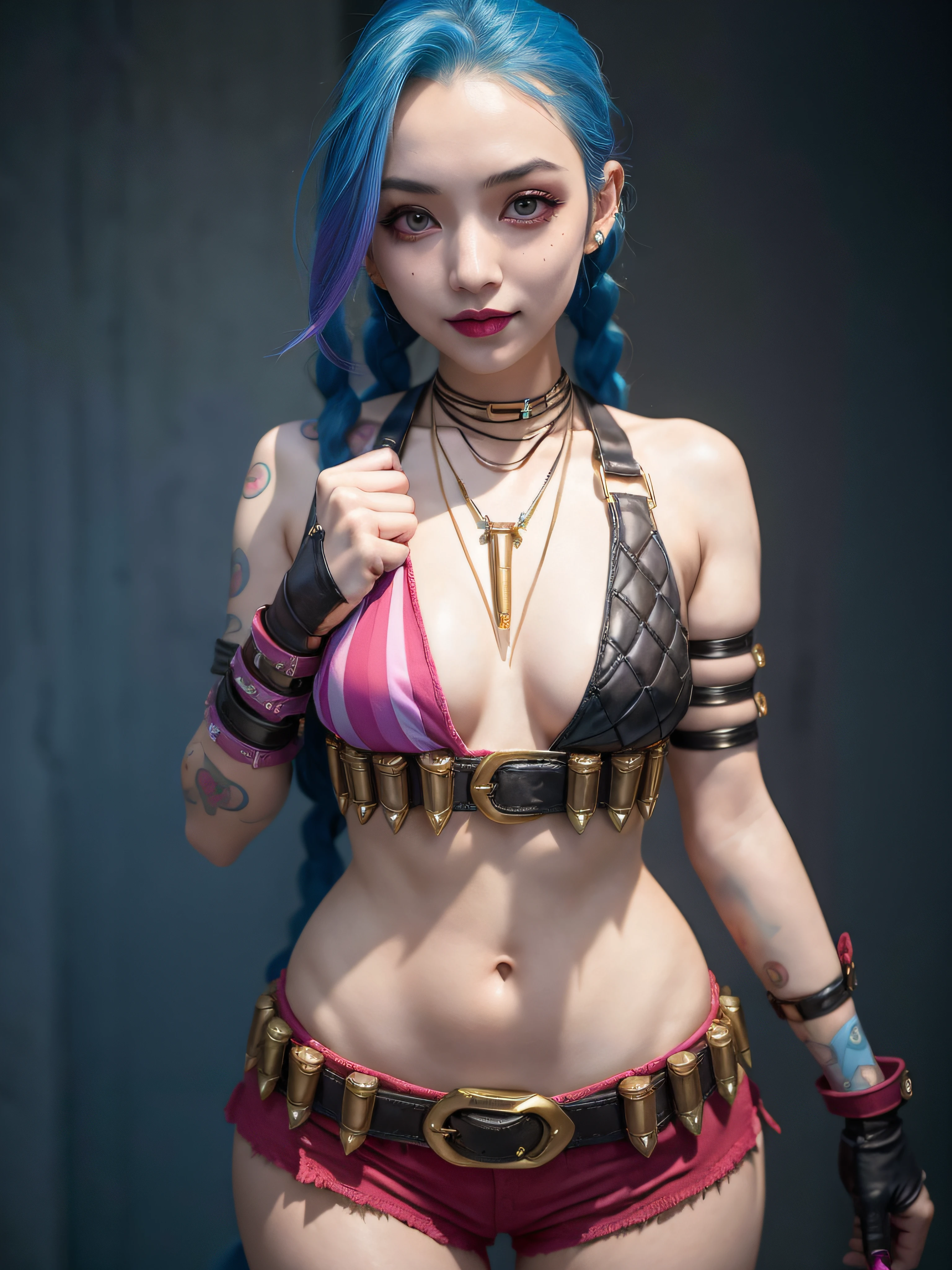 (masterpiece, best quality:1.2), intricate details,  jinx \(league of legends\), 1girl, twin braids, single elbow glove, short shorts, bikini top only, necklace, belt, bullet, fingerless gloves