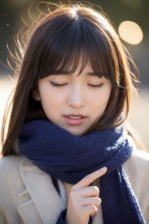 ((no-makeup、Close your eyes、closes mouth:1.2))、(realisitic、Photorealsitic、ultra-detailliert、Highest Details Skins、top-quality、masterpiece、超A high resolution)、Cute Japan Woman、17 age、hi-school girl、younggirl、1 girl in、I have bangs、二重まぶた、drooing eyes、Japanese style face、purity、double tooth、Realistic skin type、Thick muffler、Grey muffler、fluffy hair、((Hair is inside the scarf:1.3))、Red cheeks、The wind is blowing、It's snowing、natta、illuminations、Lighting from behind、Three fingers of the molester are inserted into the smeared with a powerful aphrodisiac, and both eyes are closed to the pleasure of being moved recklessly.『feels good〜 more more Ikiso orgasm orgasm I'll go〜』- She screamed and reached a fierce climax