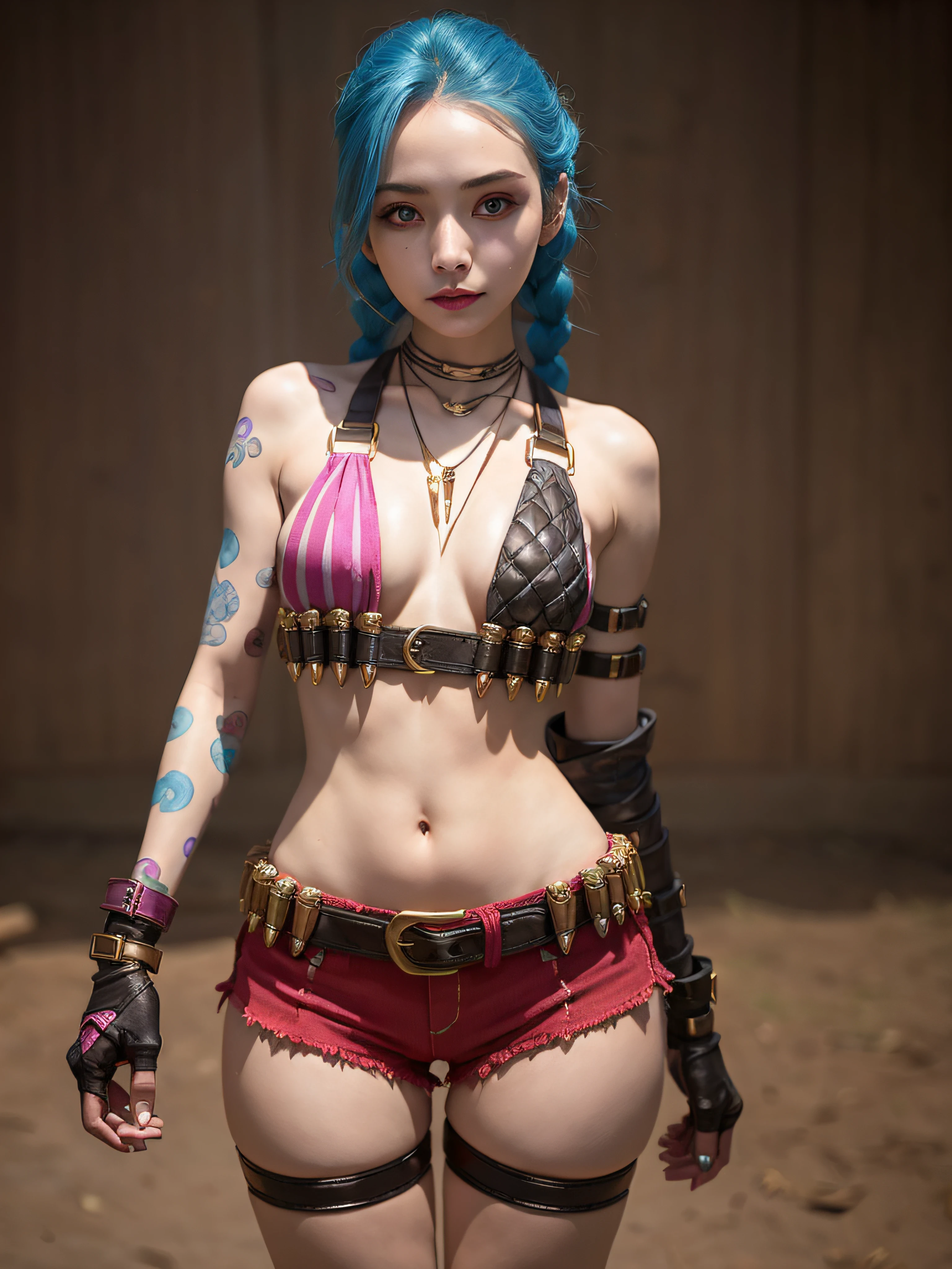 (masterpiece, best quality:1.2), intricate details,  jinx \(league of legends\), 1girl, twin braids, single elbow glove, short shorts, bikini top only, necklace, belt, bullet, fingerless gloves