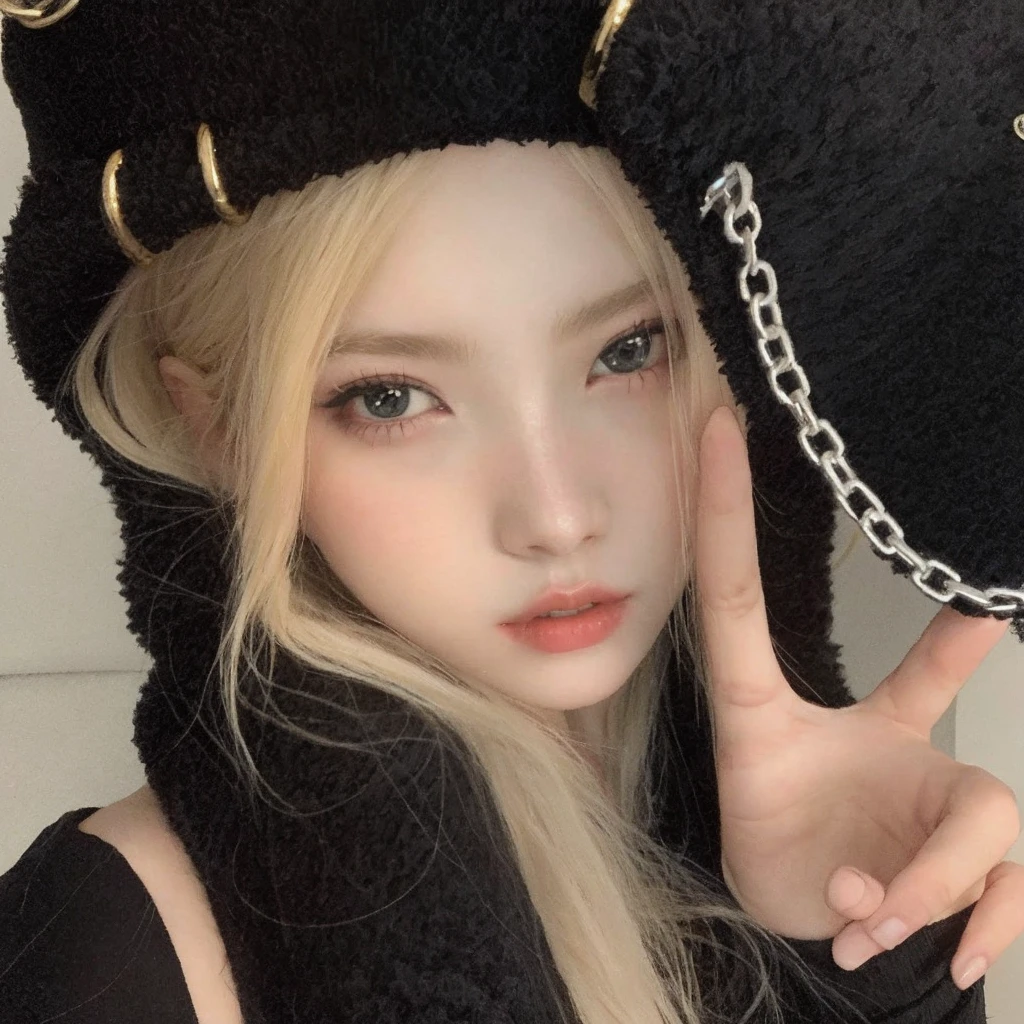 Blonde girl with black cat hat and chain around her neck, Ulzzang, cruel korean goth girl, Retrato de Jossi do Blackpink, wan adorable korean face, pale porcelain white skin, Parque Roseanne do Blackpink, maquiagem sul-coreana popular, Sakimichan, pale white face, Pale - white skin, Jinyoung Canela, pale glowing skin, pale goth beauty