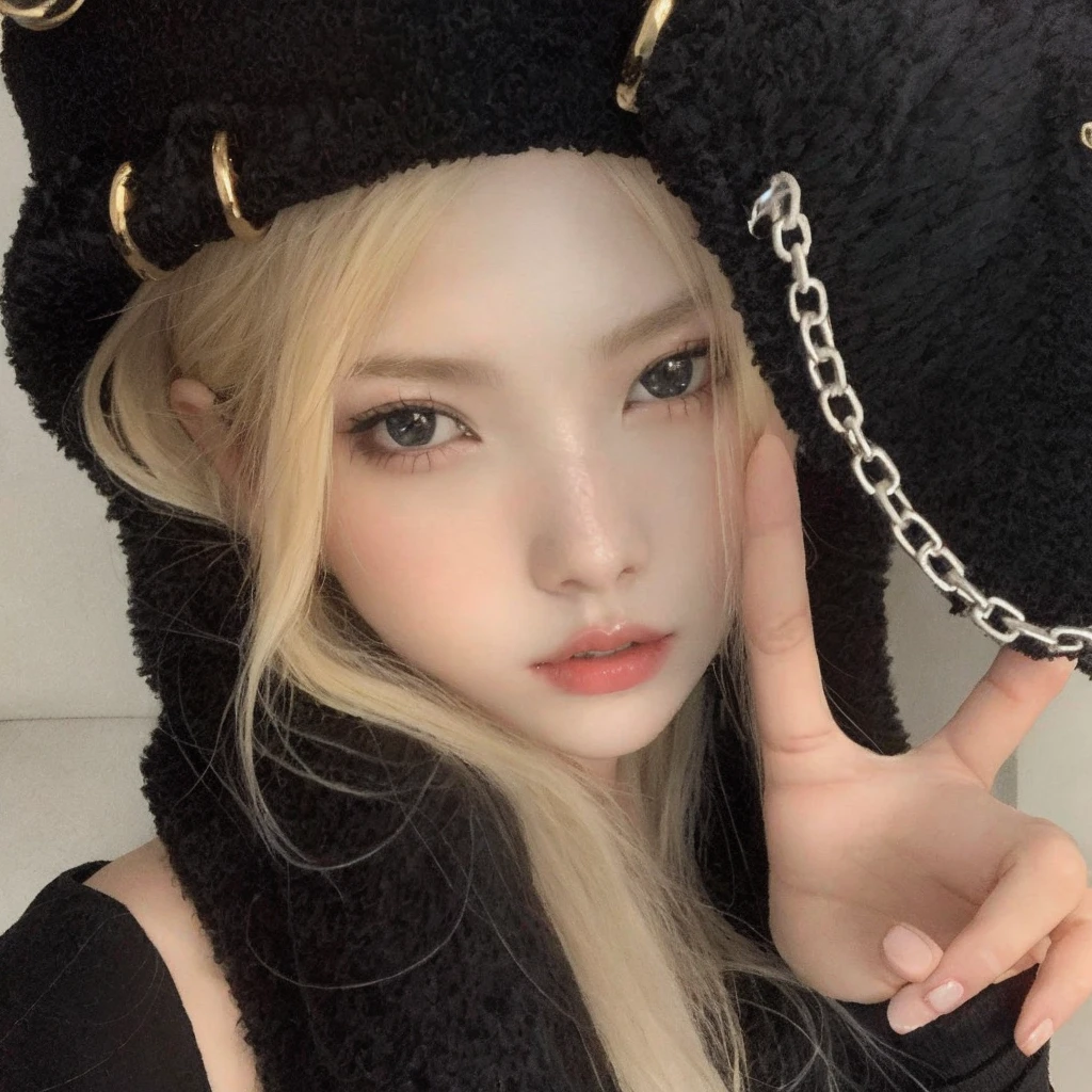 Blonde girl with black cat hat and chain around her neck, Ulzzang, cruel korean goth girl, Retrato de Jossi do Blackpink, wan adorable korean face, pale porcelain white skin, Parque Roseanne do Blackpink, maquiagem sul-coreana popular, Sakimichan, pale white face, Pale - white skin, Jinyoung Canela, pale glowing skin, pale goth beauty