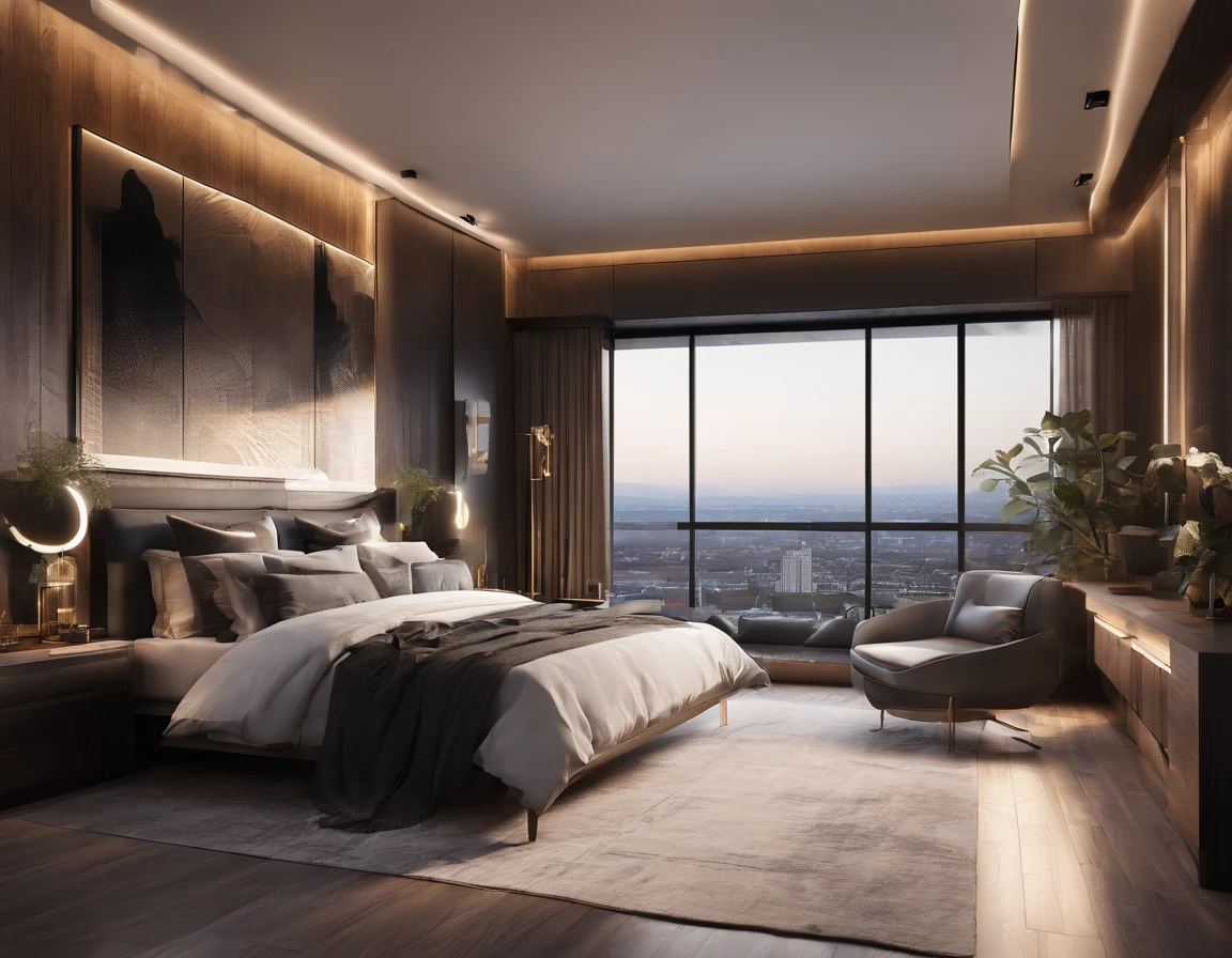 Visualize an exquisitely detailed modern bedroom with a dark-themed aesthetic. Envision sleek furniture, matte textures, and ambient lighting casting atmospheric shadows. Pay attention to minute details like the grain of wood, subtle reflections on surfaces, and the interplay of light and shadow.

Immerse the room in a dark color palette, utilizing deep tones to create a sense of sophistication and mystery. Incorporate elements like minimalist décor, abstract art, or subtle patterns on furnishings to add complexity without overwhelming the scene.

Now, imagine the bedroom at the golden hour, with warm sunlight streaming through large, strategically placed windows. The view from these windows should be nothing short of spectacular—perhaps an urban skyline, serene landscape, or a combination of both. Capture the warm hues of the golden hour bathing the room in a soft, ethereal glow, creating a captivating contrast with the dark interior.

Consider the details outside the windows: distant city lights, the sun setting on the horizon, or natural elements that add depth to the view. Highlight the transitional moment of the golden hour, where the interplay of light and dark creates a unique and enchanting atmosphere within the room.

This prompt aims to inspire a highly detailed depiction of a dark-themed modern bedroom with a spectacular view during the golden hour, blending sophistication, mystery, and the warmth of natural light.