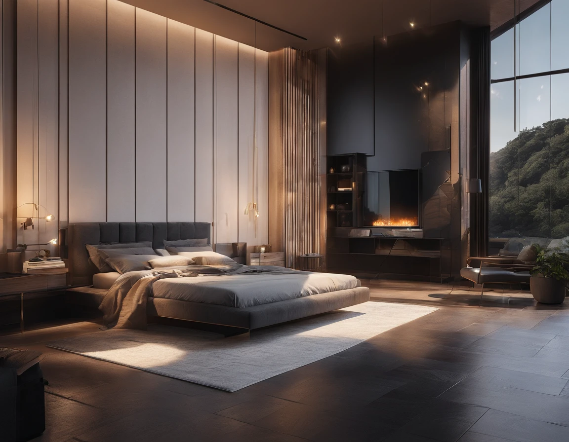 Visualize an exquisitely detailed modern bedroom with a dark-themed aesthetic. Envision sleek furniture, matte textures, and ambient lighting casting atmospheric shadows. Pay attention to minute details like the grain of wood, subtle reflections on surfaces, and the interplay of light and shadow.
Immerse the room in a dark color palette, utilizing deep tones to create a sense of sophistication and mystery. Incorporate elements like minimalist décor, abstract art, or subtle patterns on furnishings to add complexity without overwhelming the scene.
Now, imagine the bedroom at the golden hour, with warm sunlight streaming through large, strategically placed windows. The view from these windows should be nothing short of spectacular—perhaps an urban skyline, serene landscape, or a combination of both. Capture the warm hues of the golden hour bathing the room in a soft, ethereal glow, creating a captivating contrast with the dark interior.
Consider the details outside the windows: distant city lights, the sun setting on the horizon, or natural elements that add depth to the view. Highlight the transitional moment of the golden hour, where the interplay of light and dark creates a unique and enchanting atmosphere within the room.
This prompt aims to inspire a highly detailed depiction of a dark-themed modern bedroom with a spectacular view during the golden hour, blending sophistication, mystery, and the warmth of natural light.
