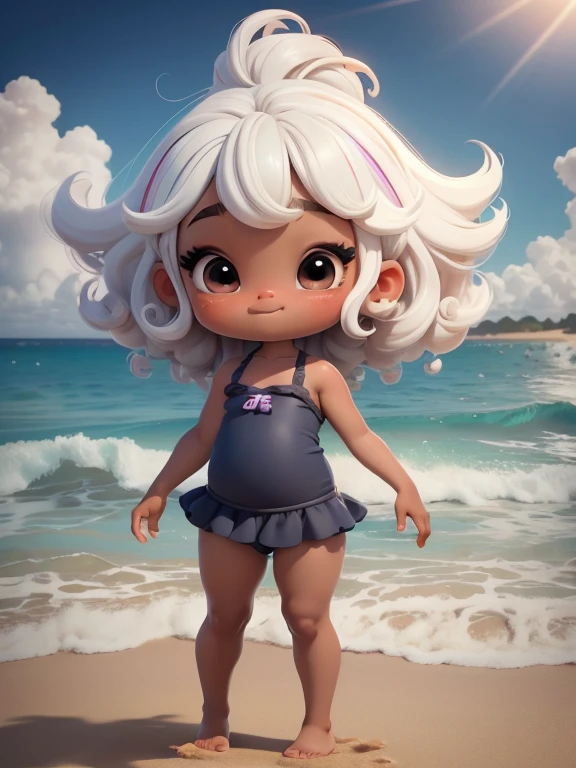 Uma menina chibi estilo , tema praia, cabelos longos, ter cabelos multicolor, sorrir, olhos devem ser grandes e expressivos, with long eyelashes and rosy cheeks, pele negra,  beautiful  rainbow bathing suit , Beach Accessories. 8K resolution and be complete in the image, mostrando o (corpo inteiro, incluindo as pernas: 1.5). Fundo tema praia. Certifique-se de adicionar sombras, texturas e detalhes nos cabelos, roupas, Beach utensils, to make them even more adorable and charming