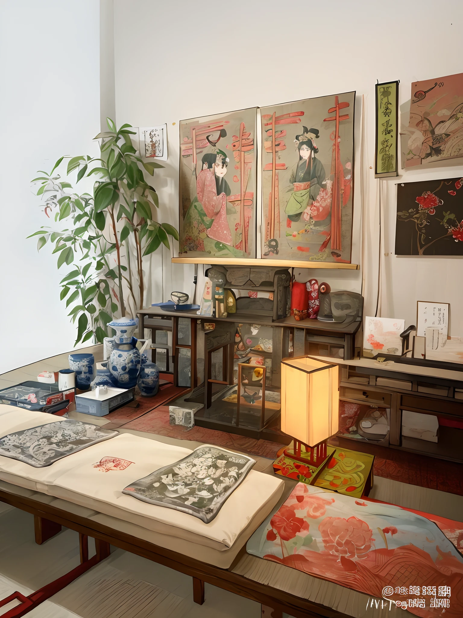 There is a table，There are a lot of Asian artworks on it, apartment of an art student, room of the nameless painter, with ancient chinese aesthetic, chinese artist, Chinese painting style, inspired by Luo Zhichuan, Cluttered art studio, ukiuo-e and studio ghilbi style, Traditional Chinese Ink Painting, japanese influences