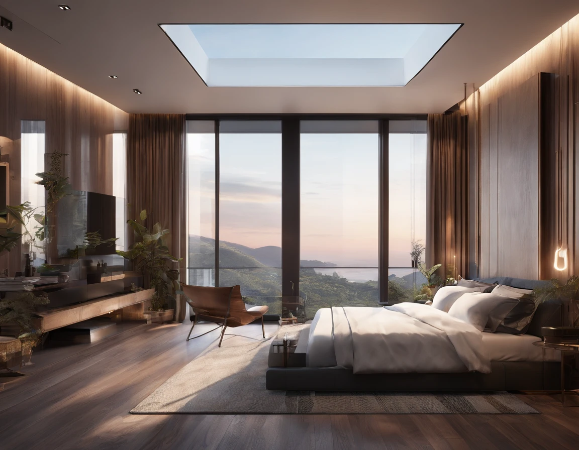 Visualize an exquisitely detailed modern bedroom with a dark-themed aesthetic. Envision sleek furniture, matte textures, and ambient lighting casting atmospheric shadows. Pay attention to minute details like the grain of wood, subtle reflections on surfaces, and the interplay of light and shadow.

Immerse the room in a dark color palette, utilizing deep tones to create a sense of sophistication and mystery. Incorporate elements like minimalist décor, abstract art, or subtle patterns on furnishings to add complexity without overwhelming the scene.

Now, imagine the bedroom at the golden hour, with warm sunlight streaming through large, strategically placed windows. The view from these windows should be nothing short of spectacular—perhaps an urban skyline, serene landscape, or a combination of both. Capture the warm hues of the golden hour bathing the room in a soft, ethereal glow, creating a captivating contrast with the dark interior.

Consider the details outside the windows: distant city lights, the sun setting on the horizon, or natural elements that add depth to the view. Highlight the transitional moment of the golden hour, where the interplay of light and dark creates a unique and enchanting atmosphere within the room.

This prompt aims to inspire a highly detailed depiction of a dark-themed modern bedroom with a spectacular view during the golden hour, blending sophistication, mystery, and the warmth of natural light.