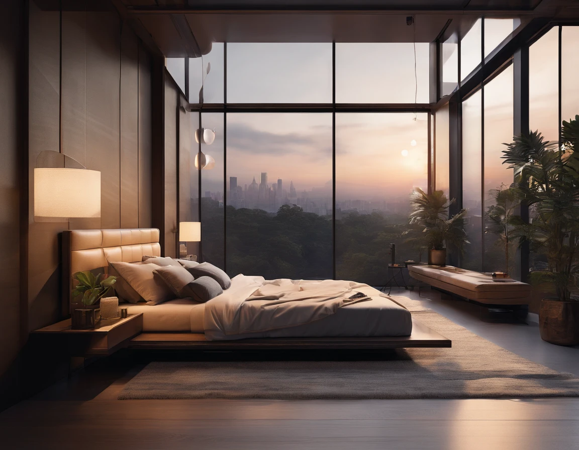Visualize an exquisitely detailed modern bedroom with a dark-themed aesthetic. Envision sleek furniture, matte textures, and ambient lighting casting atmospheric shadows. Pay attention to minute details like the grain of wood, subtle reflections on surfaces, and the interplay of light and shadow.

Immerse the room in a dark color palette, utilizing deep tones to create a sense of sophistication and mystery. Incorporate elements like minimalist décor, abstract art, or subtle patterns on furnishings to add complexity without overwhelming the scene.

Now, imagine the bedroom at the golden hour, with warm sunlight streaming through large, strategically placed windows. The view from these windows should be nothing short of spectacular—perhaps an urban skyline, serene landscape, or a combination of both. Capture the warm hues of the golden hour bathing the room in a soft, ethereal glow, creating a captivating contrast with the dark interior.

Consider the details outside the windows: distant city lights, the sun setting on the horizon, or natural elements that add depth to the view. Highlight the transitional moment of the golden hour, where the interplay of light and dark creates a unique and enchanting atmosphere within the room.

This prompt aims to inspire a highly detailed depiction of a dark-themed modern bedroom with a spectacular view during the golden hour, blending sophistication, mystery, and the warmth of natural light.